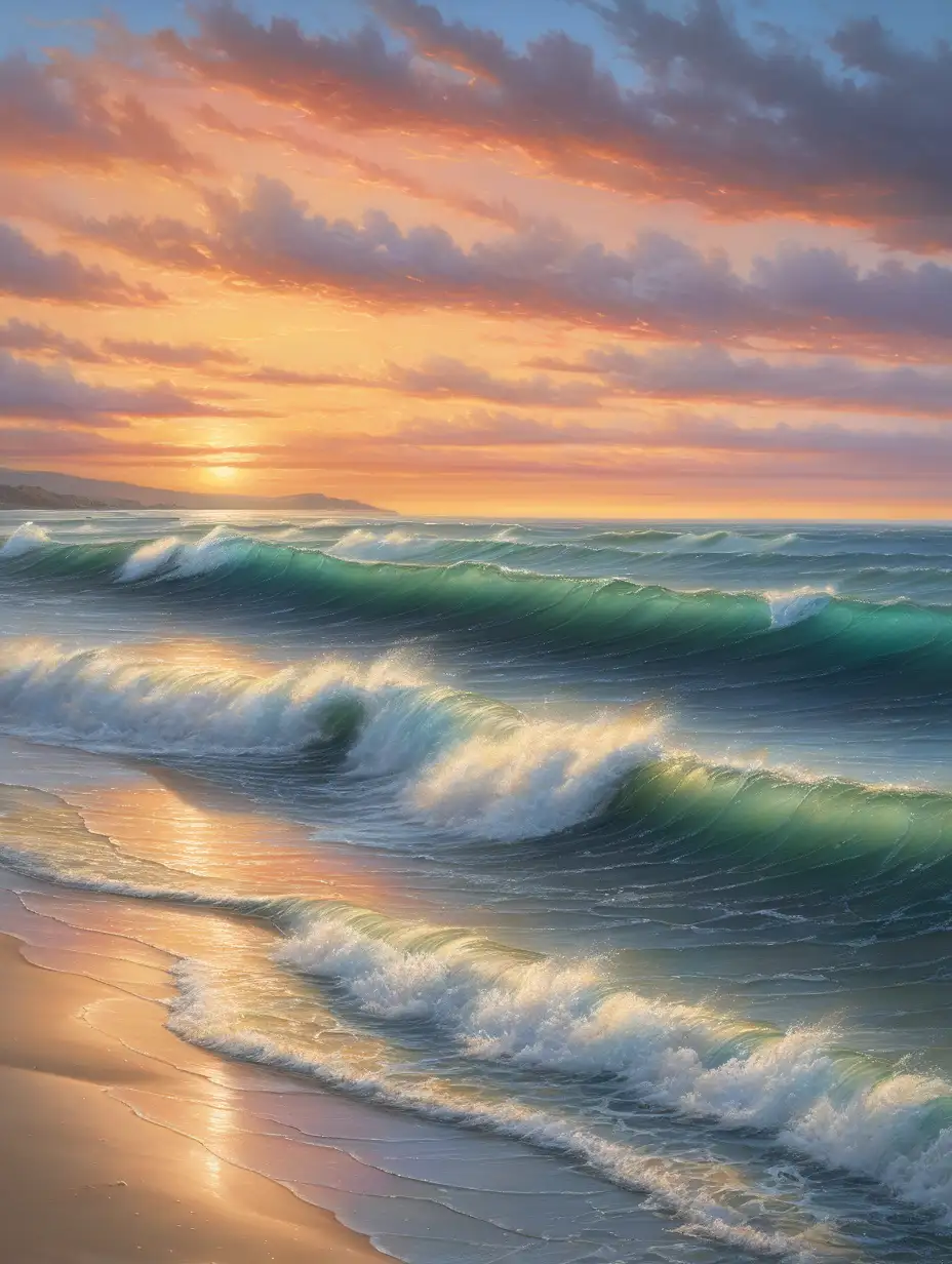 A tranquil seascape with rolling waves and a colorful sunset.