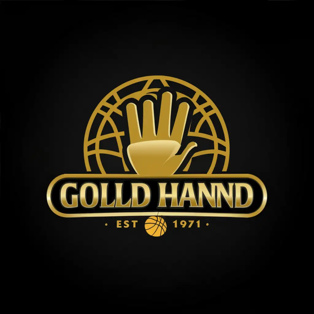 a logo design,with the text "Gold Hand", main symbol:Gold Hand. 5 fingers. human hand. basketball hoop. Black Background.,complex,be used in Sports Fitness industry,clear background
