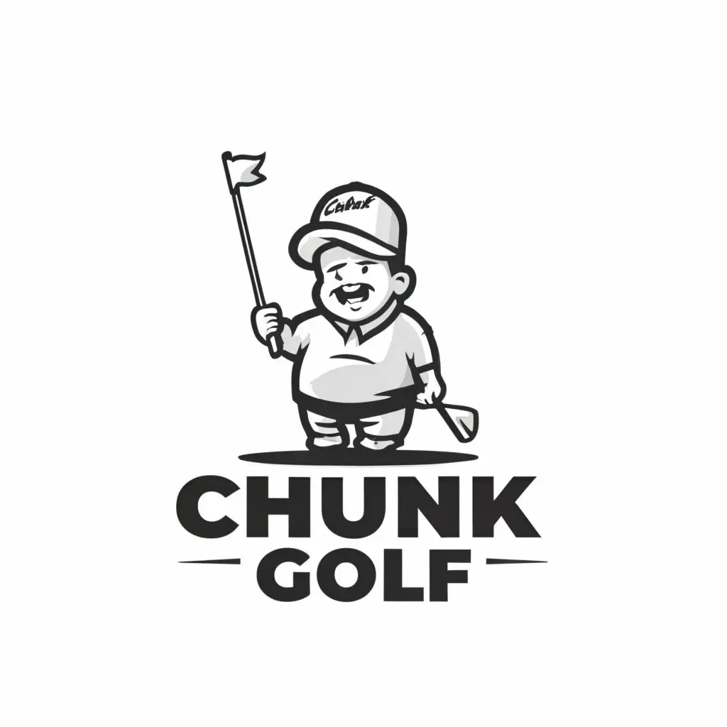 a logo design,with the text "Chunk Golf", main symbol:Cartoon chubby golf caddie holding golf flag black and white with words chunk golf,Moderate,be used in Sports Fitness industry,clear background