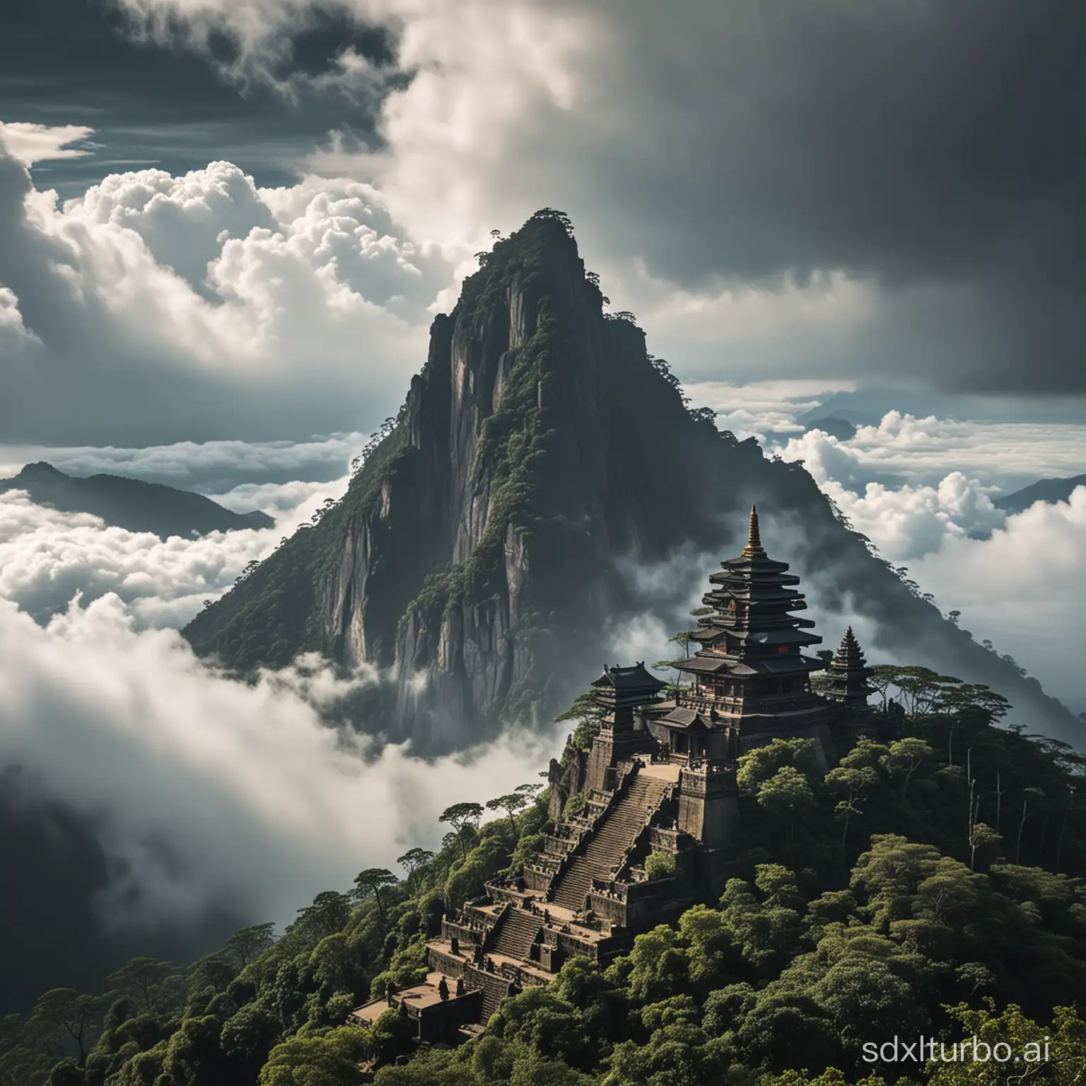 A towering black mountain range reaching into the clouds, with an ancient stone temple at its summit.
