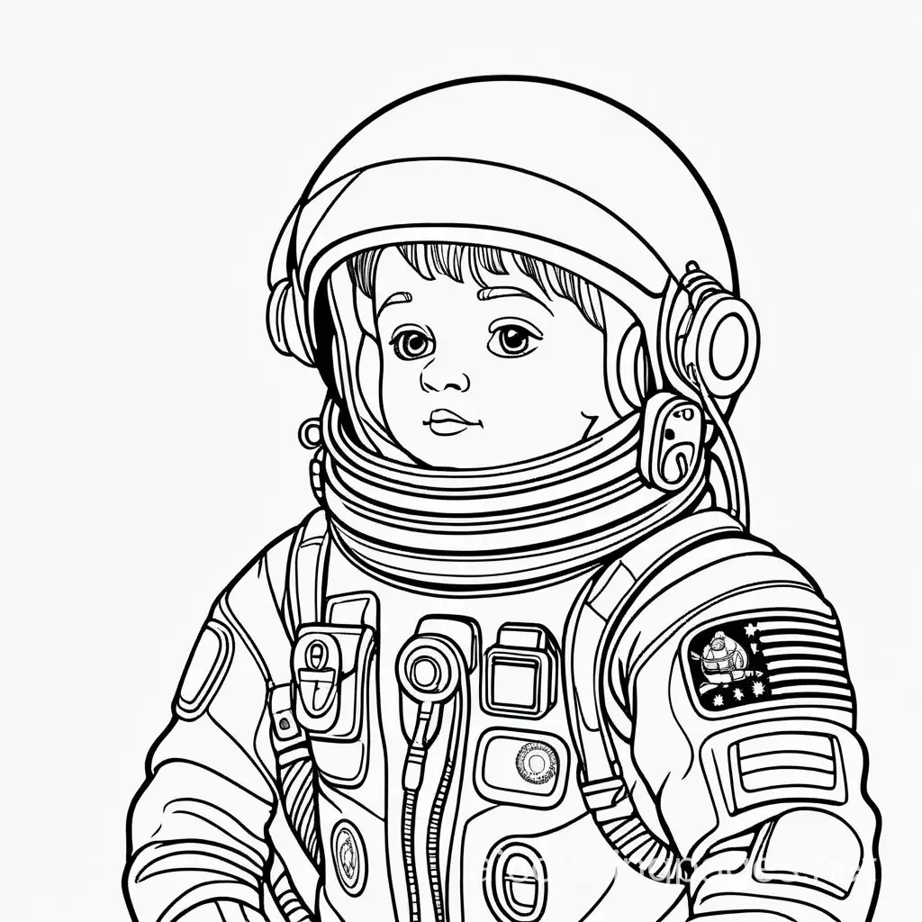 космонавт, Coloring Page, black and white, line art, white background, Simplicity, Ample White Space. The background of the coloring page is plain white to make it easy for young children to color within the lines. The outlines of all the subjects are easy to distinguish, making it simple for kids to color without too much difficulty
