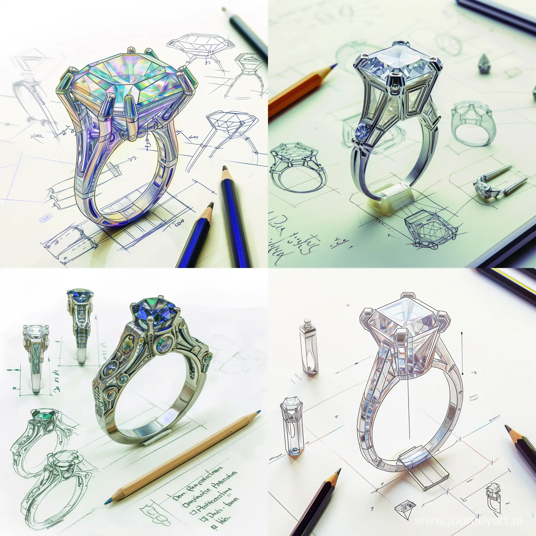 a ring with gem ,Pencil on art board issketching, multiple angles, style of Mechanism,industrial design, text annotations, structural lines,detailed sketch, letterbox, photoreal details, playfulshapes,Marker Pen Coloring,fulllevel layout reference sheet,modern simple jewelry design