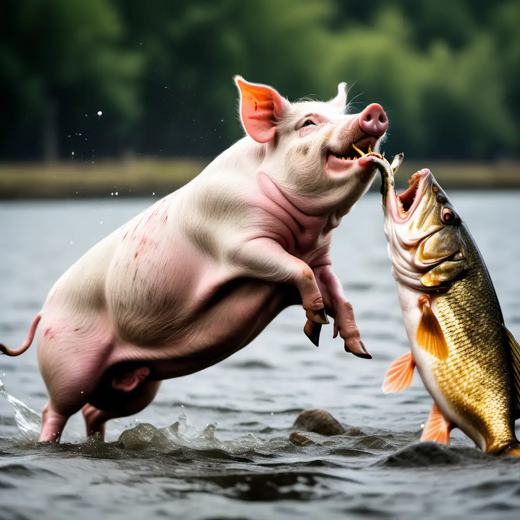 a strong pig defeating a pike fish in a fight to the death