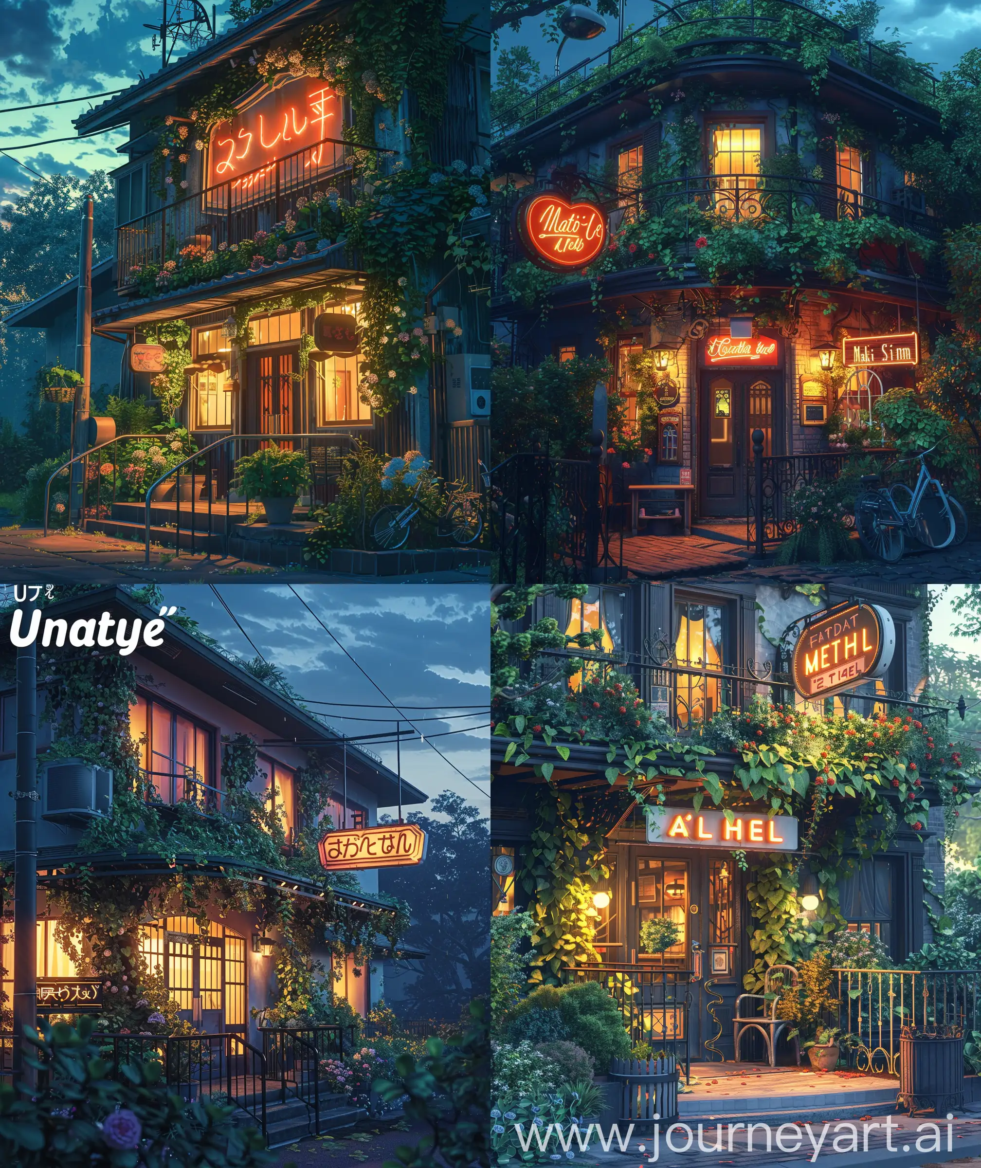 Anime scenary, illustration, mokoto shinkai and Ghibli style mix, direct front facade view of beautiful motel, decoration with ivy and flowers, iron railling, hanging sign board, ultra HD, start of evening time, height quality, sharp details, no hyperrealistic --ar 27:32 --s 400