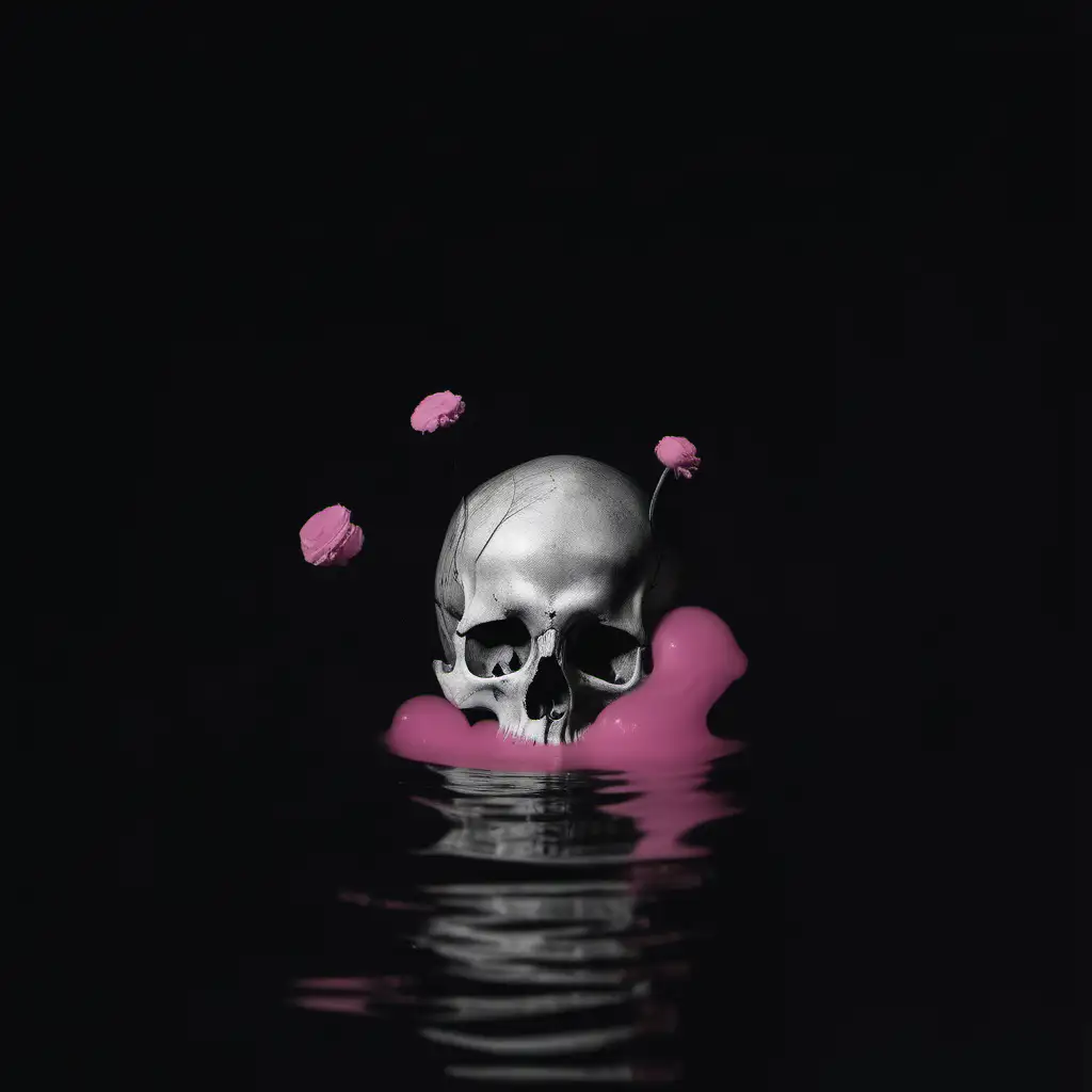 skull floating in a pink sea, old photograph
