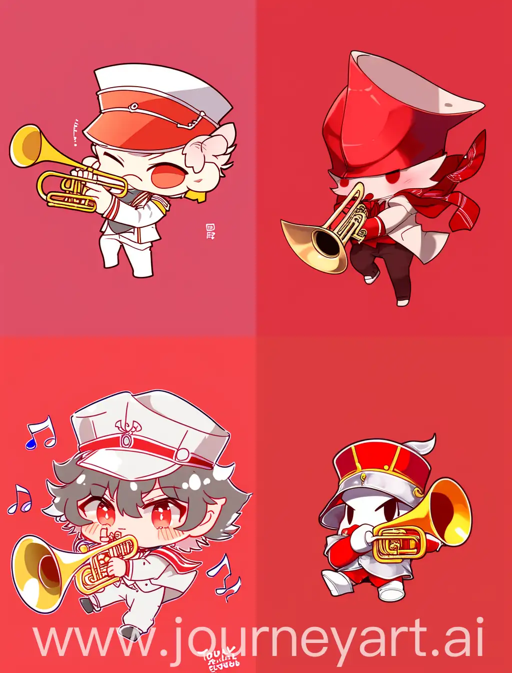 chibi anime guy playing trumpet, with red solid background, 
