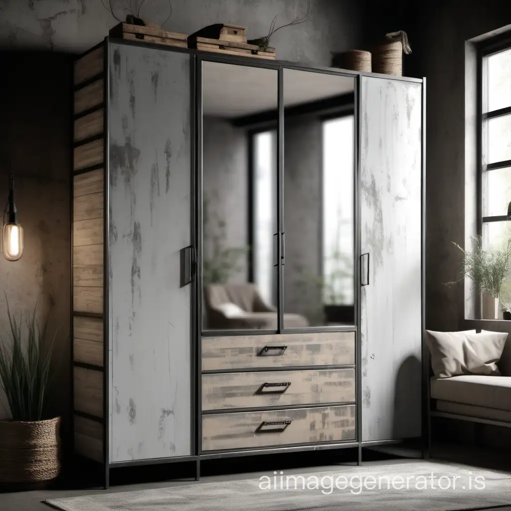 wardrobe with a metal frame in loft style.  metal and aged light gray wood, three doors. One door with mirror