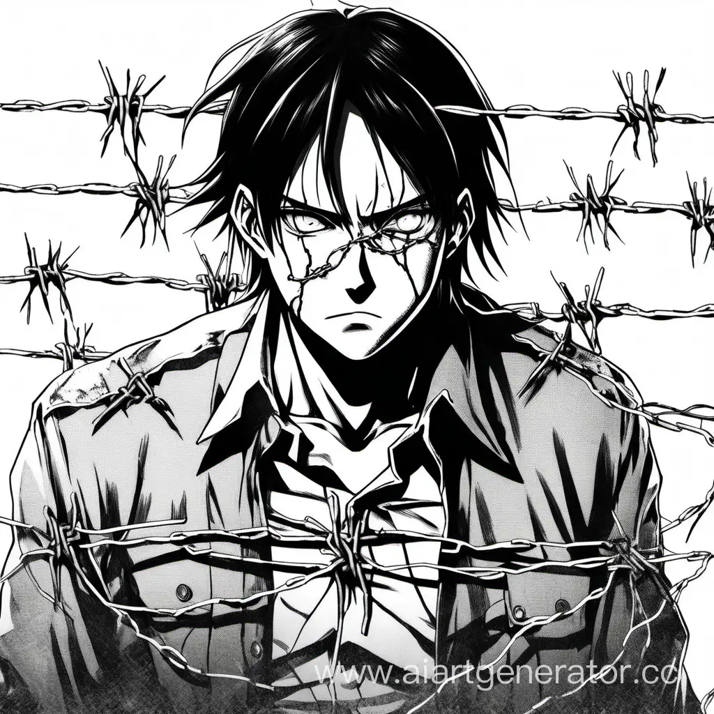 Eren-Yeager-Long-Hair-Standing-Amidst-Barbed-Wire-in-Monochrome