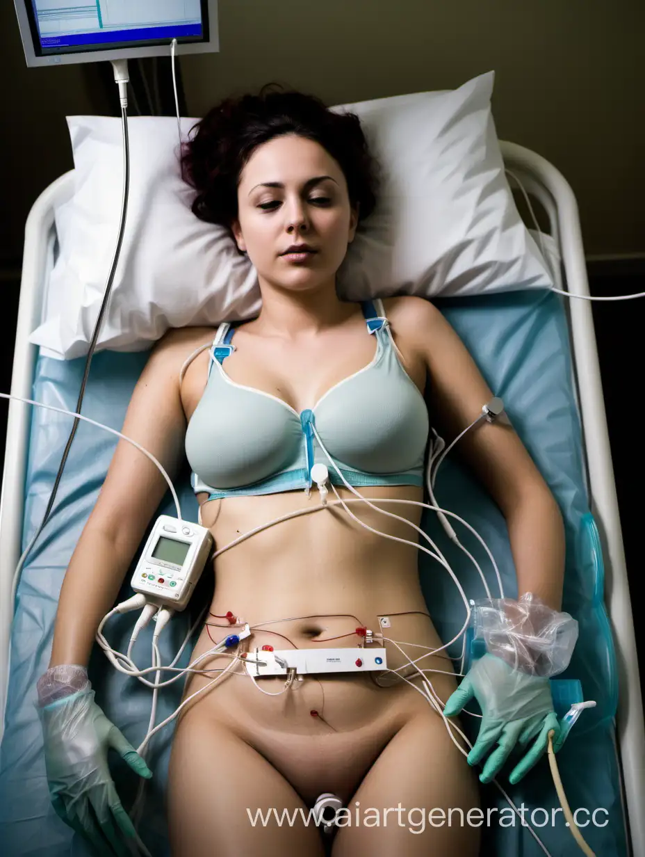 Young Adult woman lying in a medical bed. She is wearing a bra. She has a urinary catheter inserted into her bladder. EKG electrodes are connected to her chest to monitor her heart. She is connected to many medical devices with wires and tubes, including an EKG and a urinary catheter. The catheter is important, it is connected to a drainage bag.