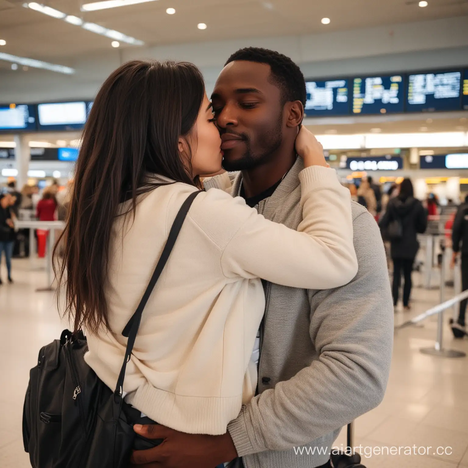 the  black guy is waiting for the girl at the airport. She hugs him tightly around the neck, and he holds her tightly by the waist and kisses her. forehead