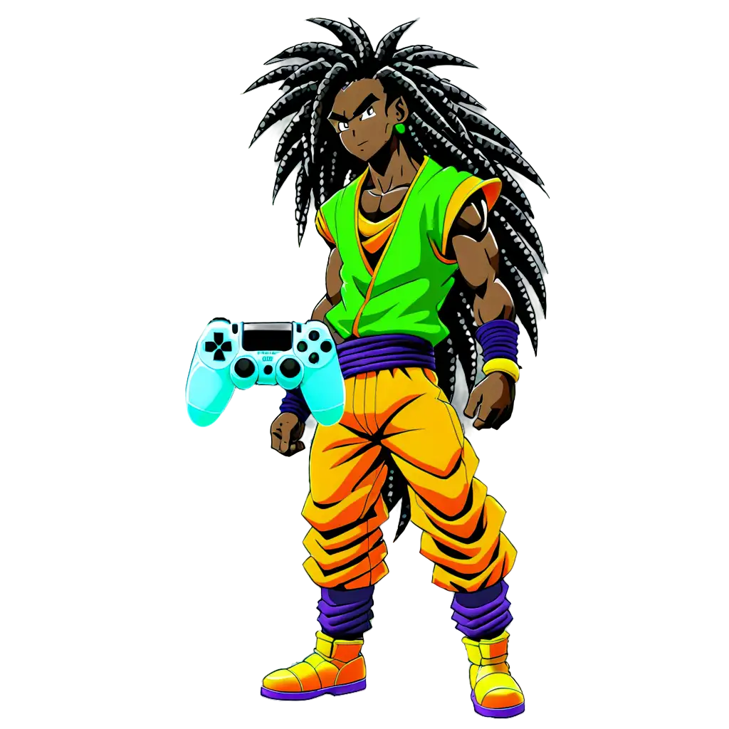Powerful-Black-Man-with-Dreadlocks-Holding-PS4-Controller-Neon-Dragon-Ball-Z-Style-PNG-Image