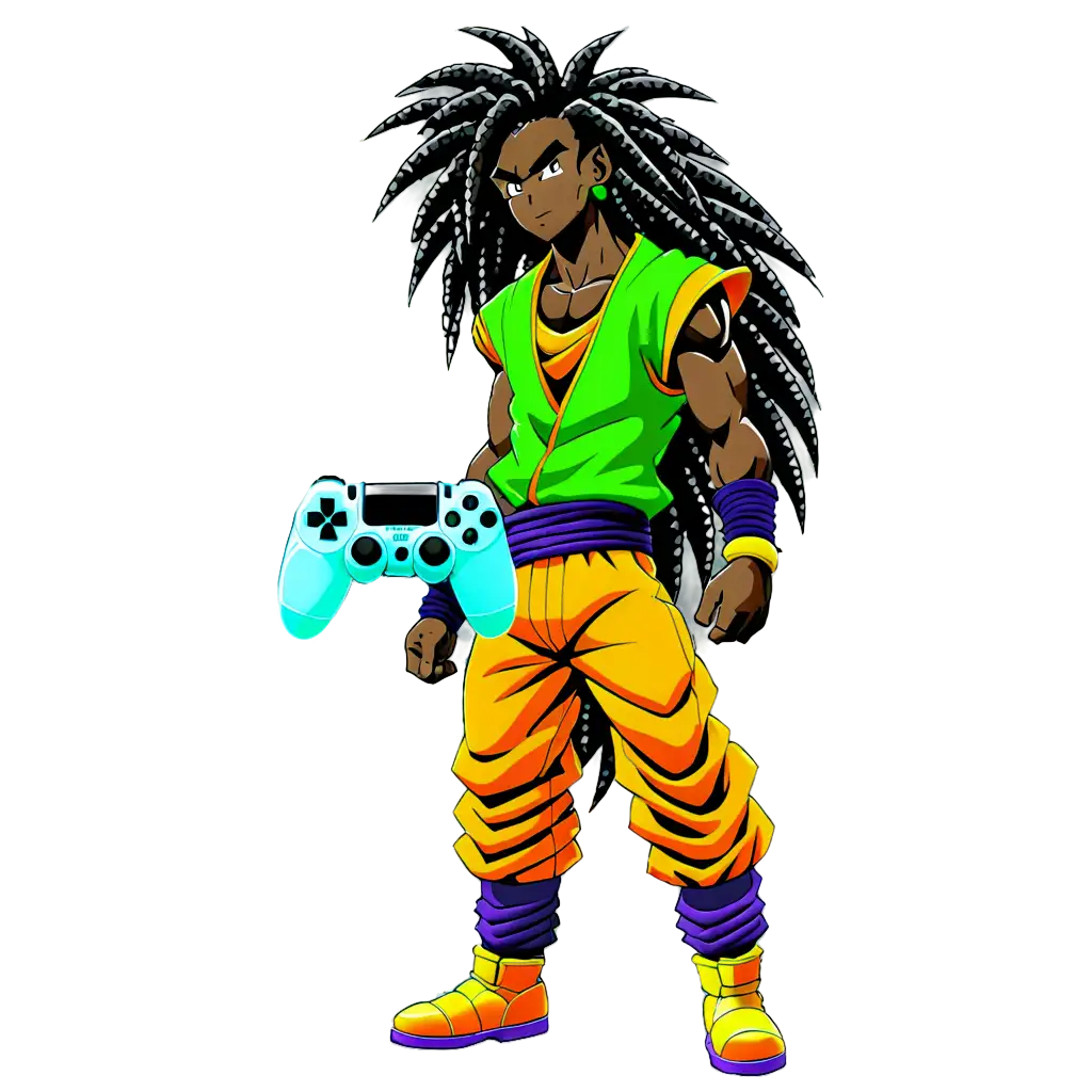 In the style of dragon Ball z anime, create a powerful black man with long dreadlocks holding a PS4 controller for his clothes only use the  colors of neon green metallic purple black and grey for his clothes with a powerful aura around him with the same colors 