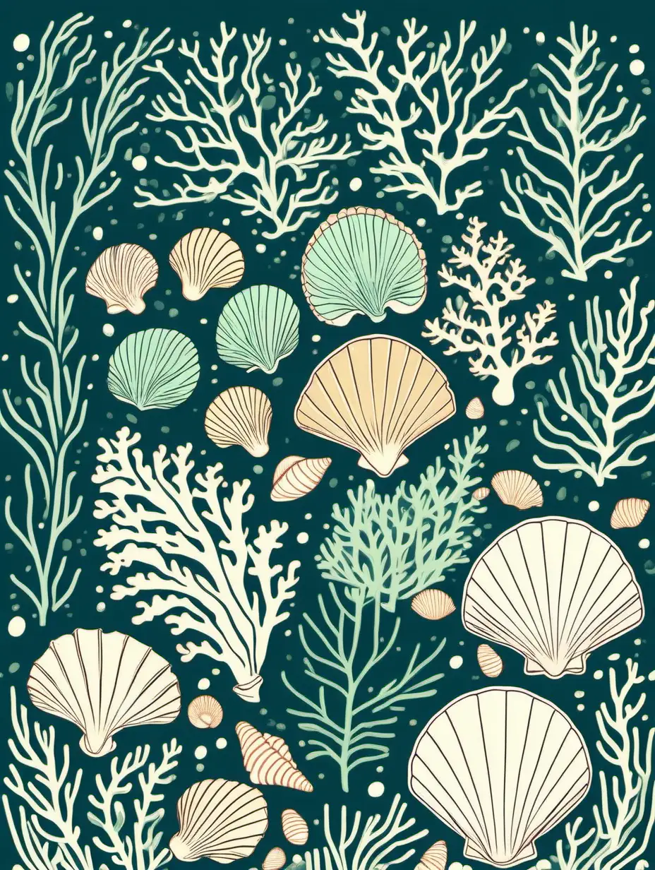 beautiful illustration of seaweed and seashells, flat-line style, delicate