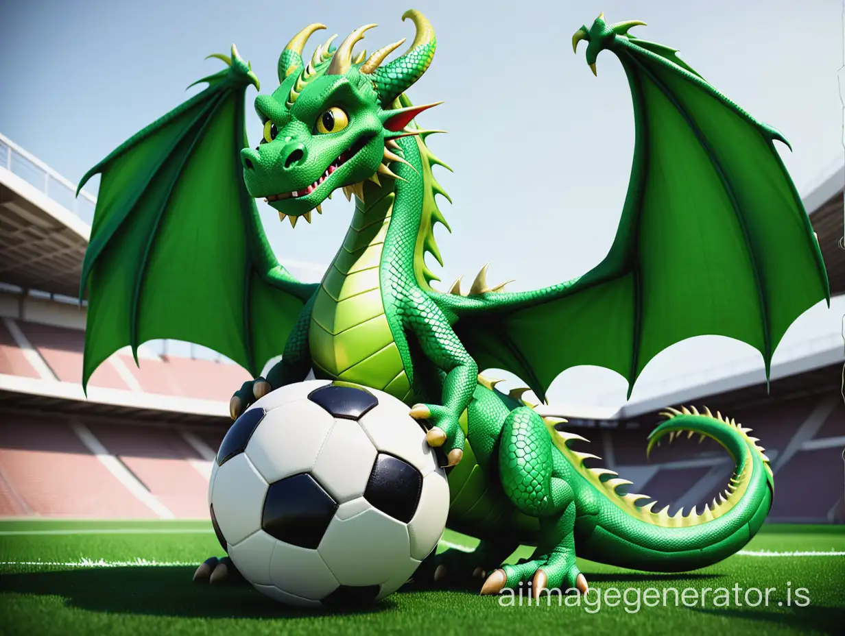 A green dragon holding a soccer ball.