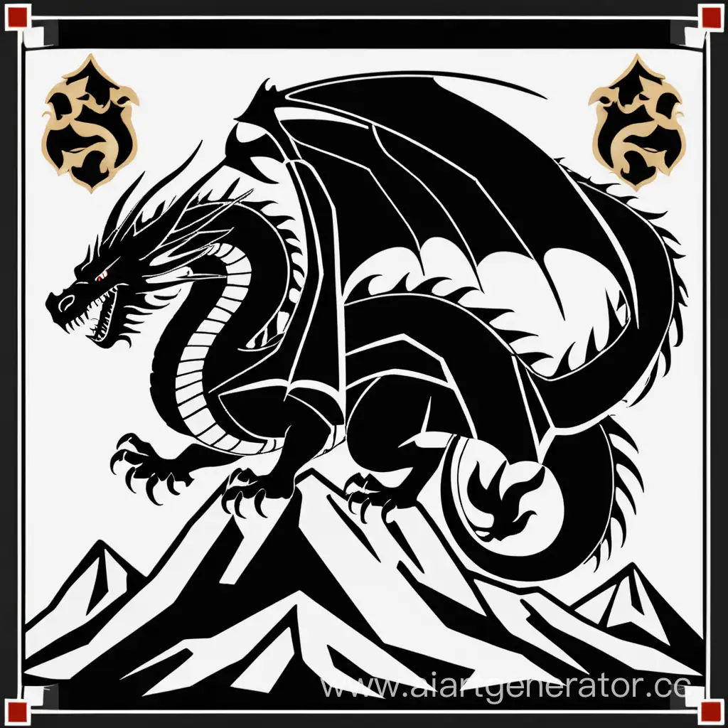 Флаг гильдии с чёрным драконом на с фоном в виде белых гор и с обводкой по бокам но без надписей

