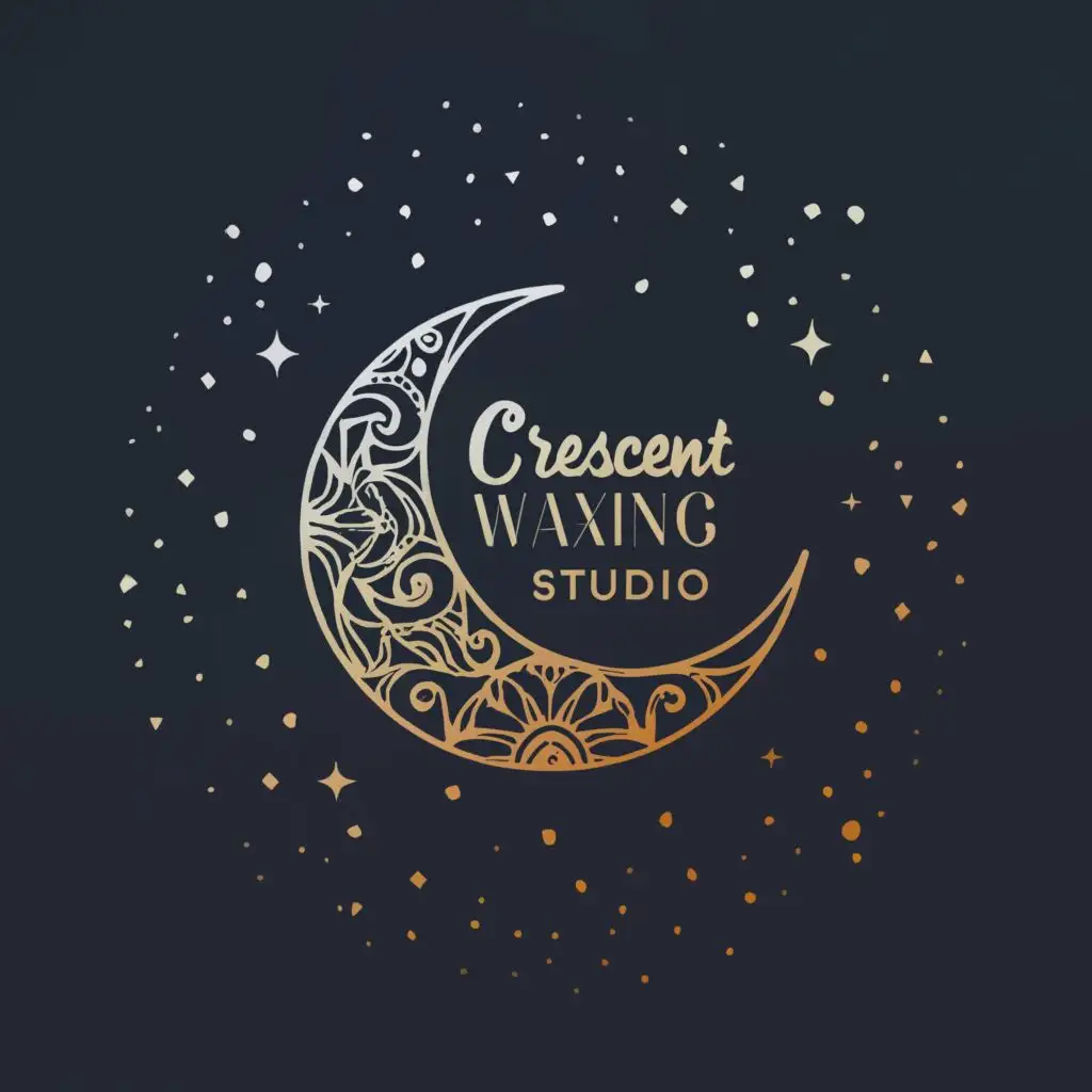 a logo design,with the text "Crescent Waxing Studio", main symbol:a silver hollow crescent moon filled with shapes. The logo name is nestled inside of it and the background is a dark blue. There might be stars included,Moderate,be used in Beauty Spa industry,clear background