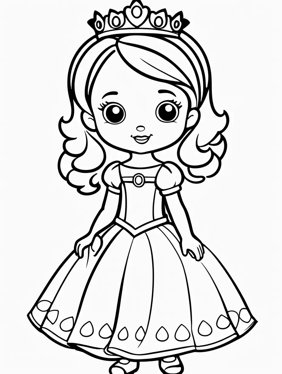Very easy coloring page for 3 years old toddler. cartoon princess. Without shadows. Thick black outline, without colors and big  details. White background.