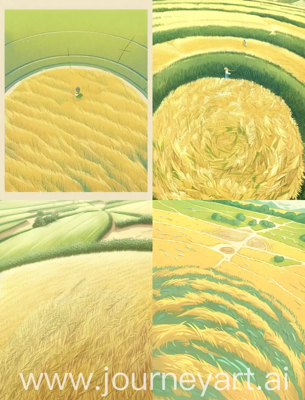 在田野上，农民, 农业, 麦田圈, 手绘插画，俯视图，黄绿色调，丰富细腻的细节，超清晰8K，基于Hiromu Arakawa