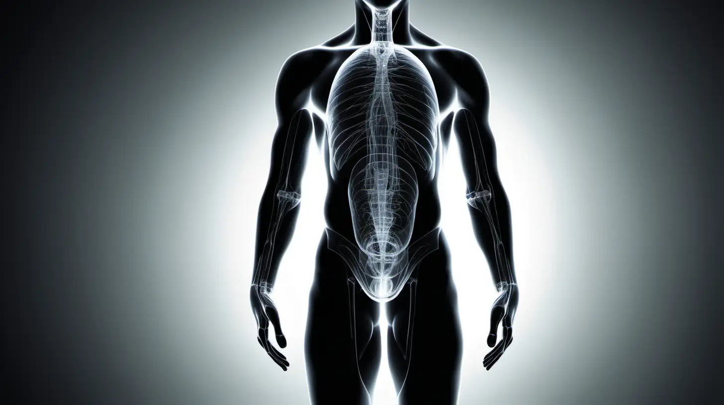 An intriguing and educational image featuring a transparent human body, with only the J-shaped stomach visible against a deep black background, highlighting its unique structure and position.