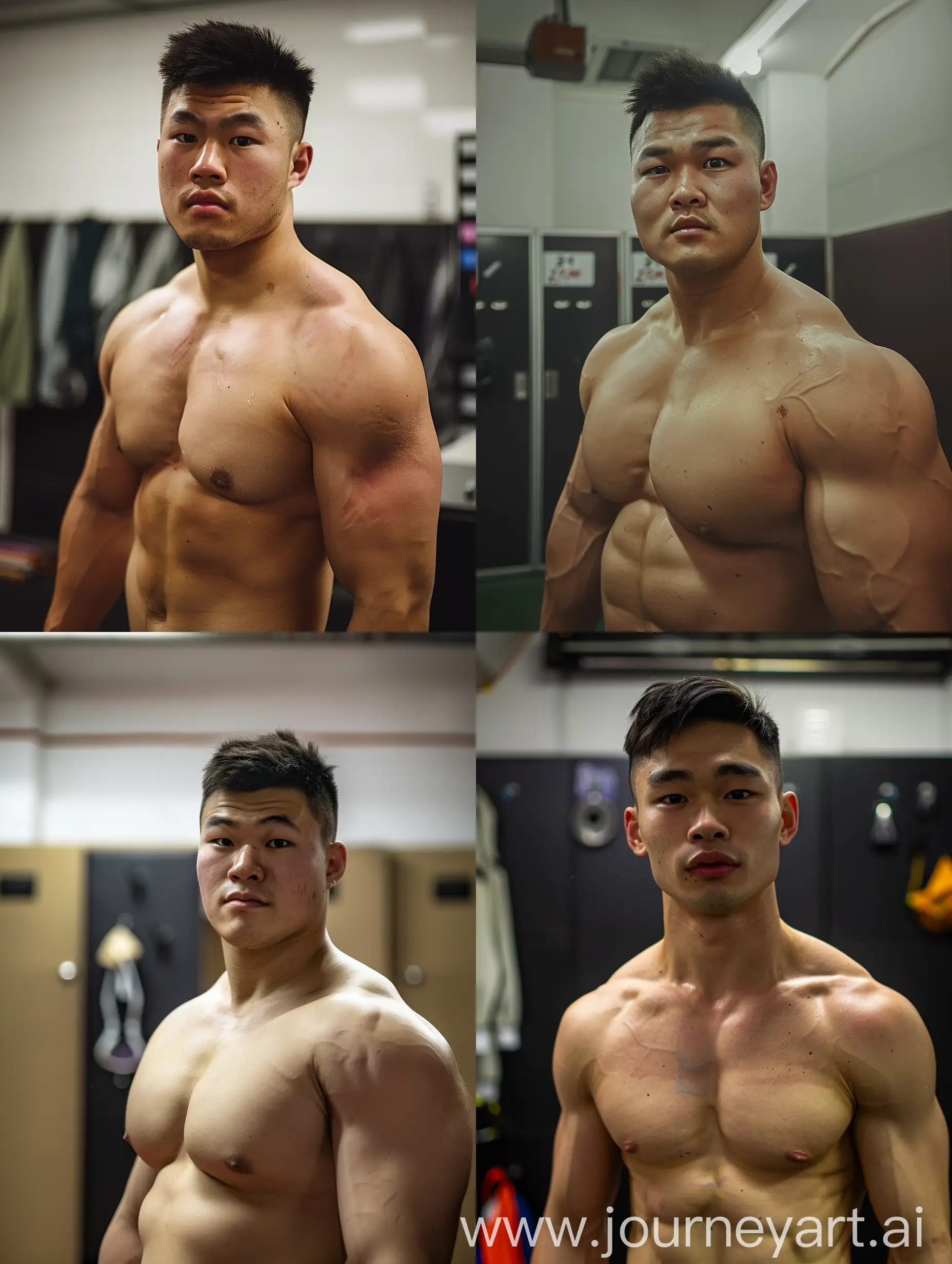 attractive beefy asian male, south east asian with round face, narrow-eyed, bold brow, small mouth, thin lip, big pec, wide torso, (21 years old), robust chubby stocky body, body weight 80 kg. shirtless, full-body, standing in boxing gym locker room,