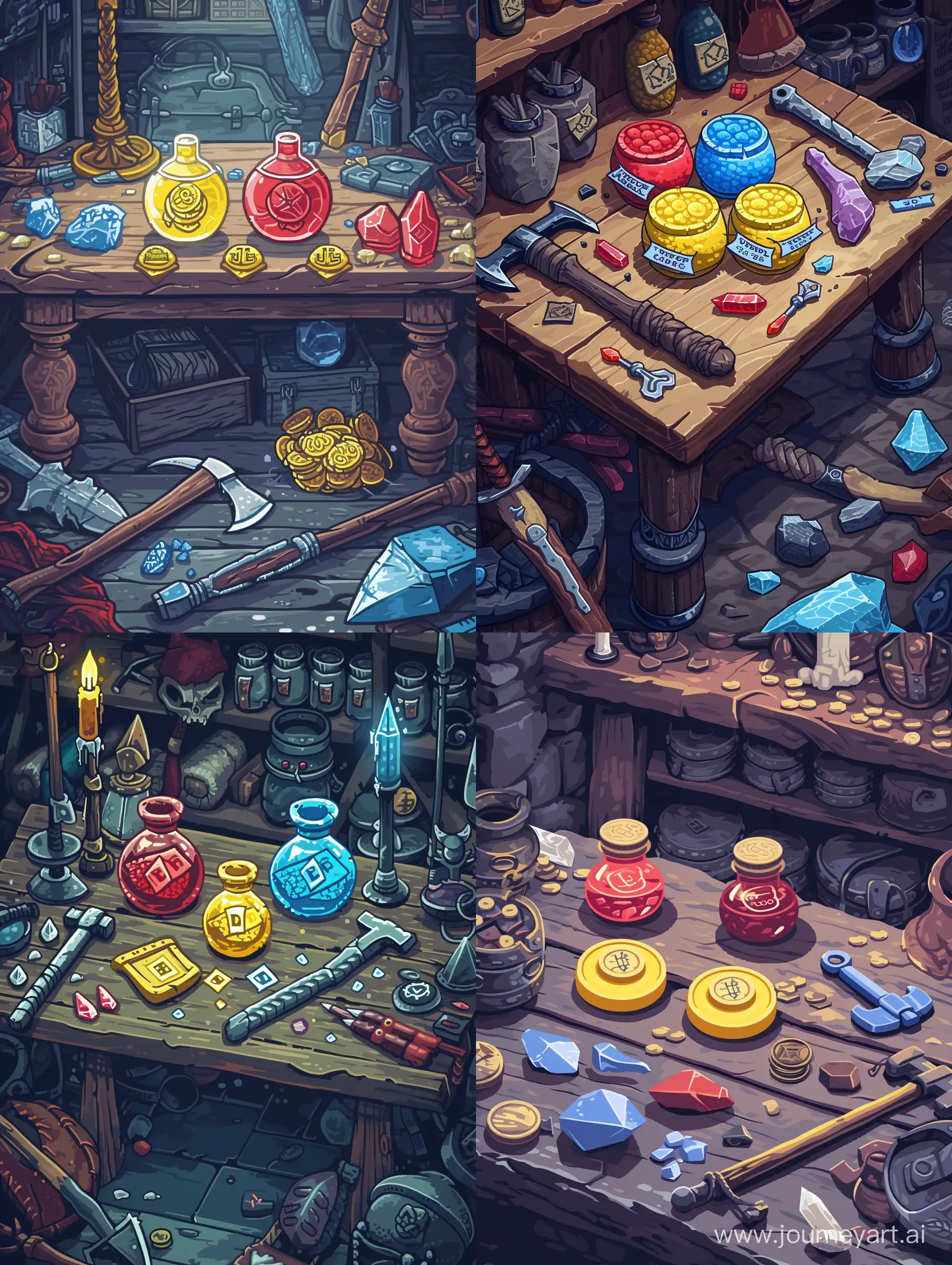 A table in the RPG merchant's shop with 3 potions on it: doubling coins (yellow), doubling lives (red) and freezing (blue). The potions have signature tags on them. There are crystals, staffs, axes, magic items, and armor lying around the table. Pixel-art style