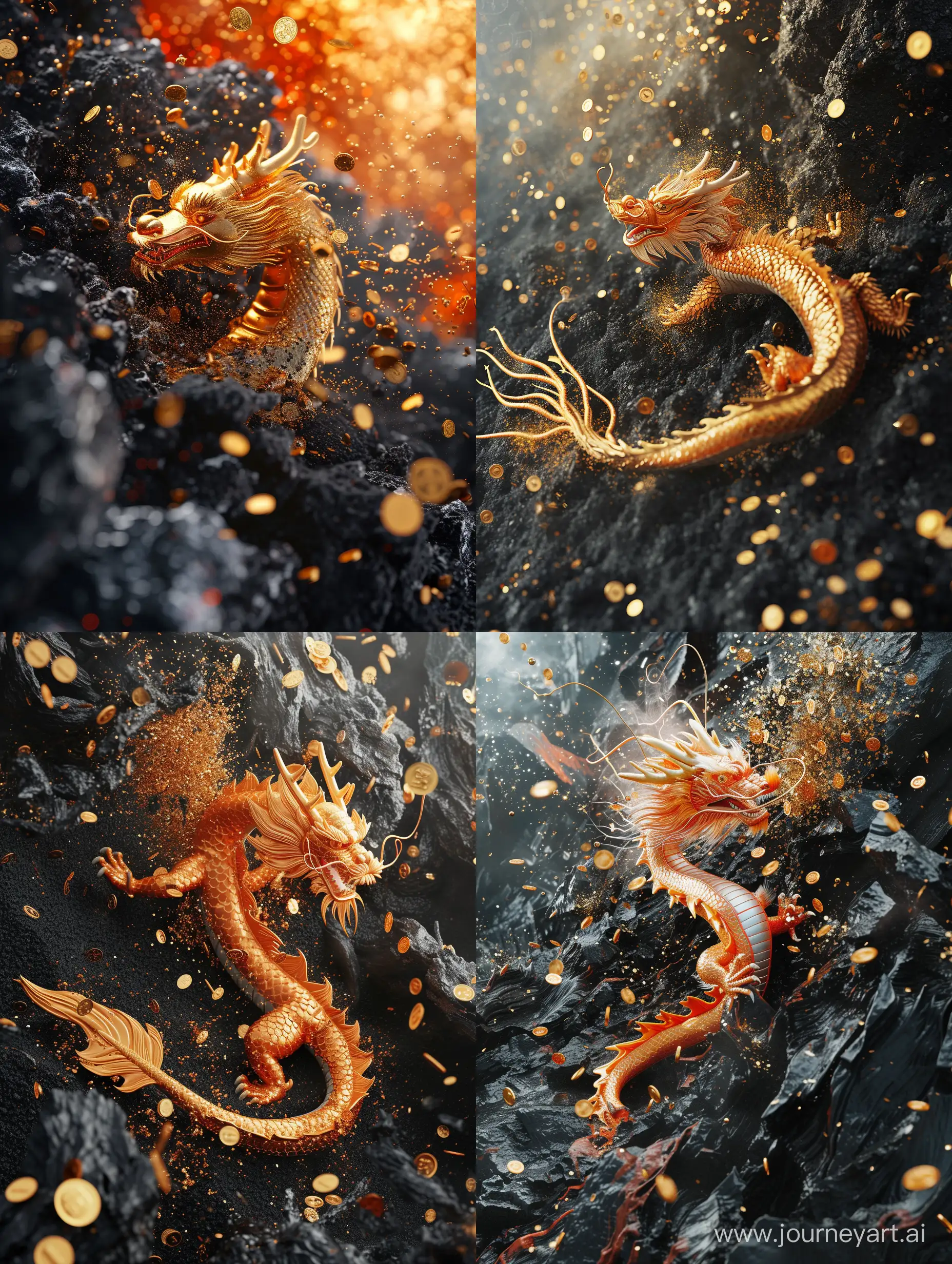 Chinese golden dragon rushes out of the black coal mine, the coal mine is sprinkled with gold coins, Chinese New Year elements, realistic details, OCtane, Beautiful Lighting,