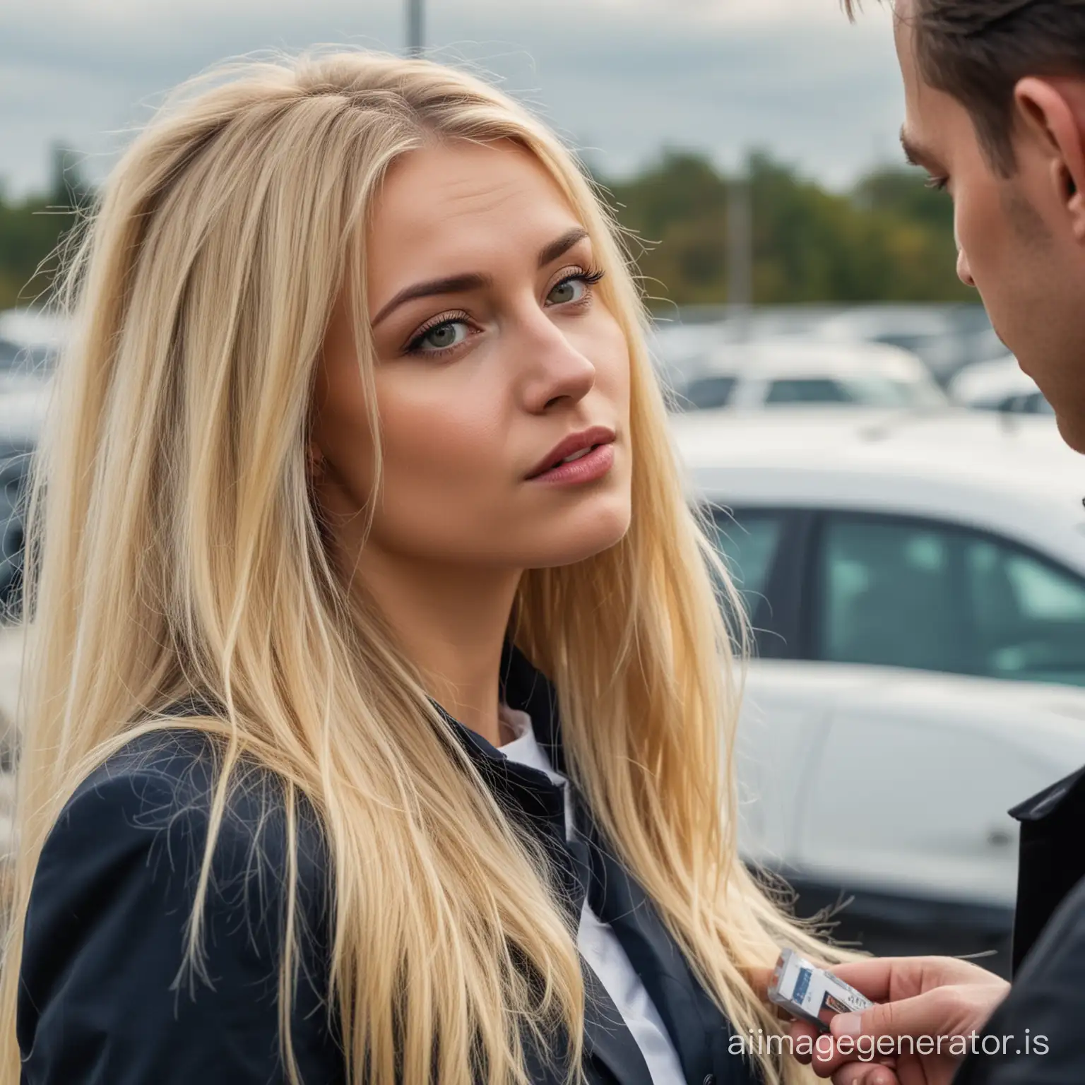 Beautiful young polish woman with long blonde hair, talking to her corrupt boss, Dan who is smuggling drugs in his imports, in a car sales yard