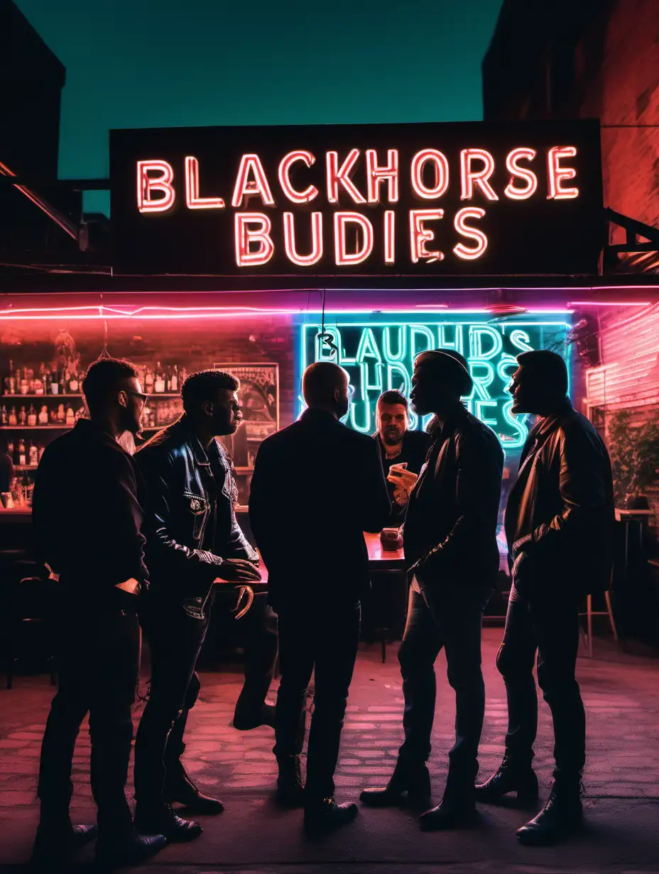 a gathering of cool men having a conversation in a trendy bar surrounded by neon signs with a big neon sign above them that says: BLACKHORSE BUDDIES with a large black horse on the sign
