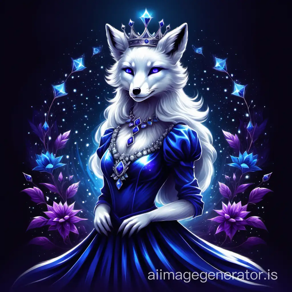 white fox in a blue dress, fox queen, cosmos, crown, crystal, glowing, fantasy, vector graphics, realism, dark tones, purple