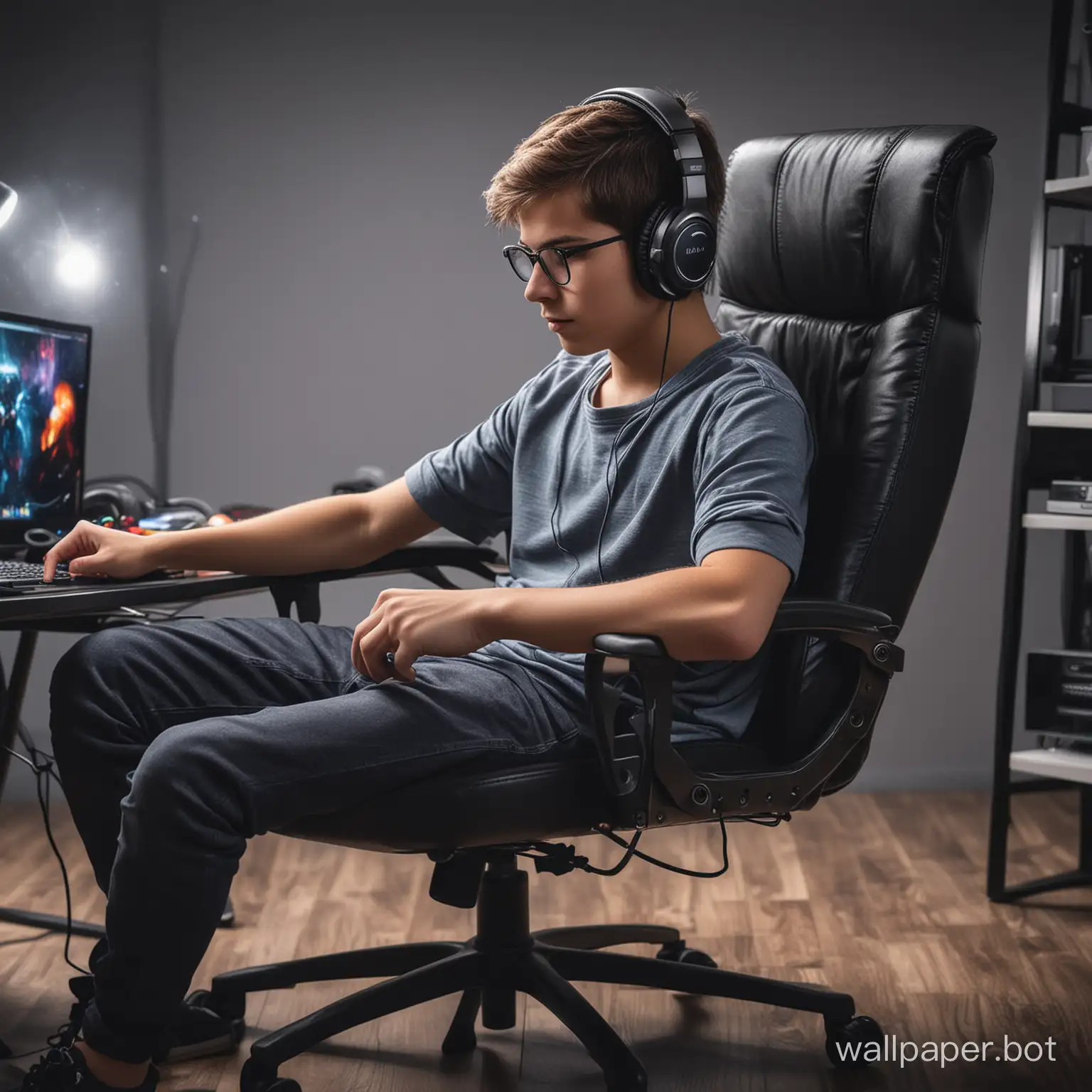 create a 4k hd  wallpaper for laptop where a boy is playing games on pc wearing a headphone sit on the gaming chair