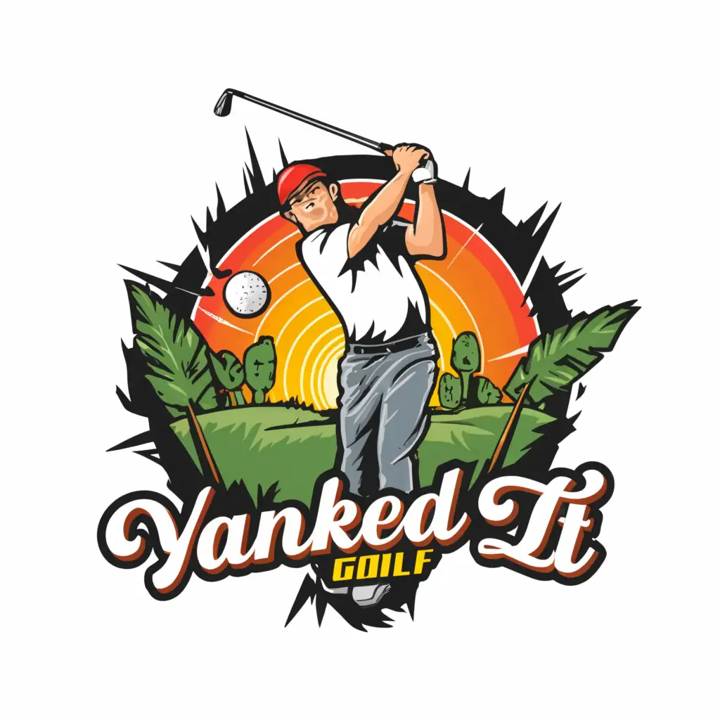 a logo design,with the text 'Yanked It Golf', main symbol:Male golfer swinging in the rough, ball flying through the air, golf ball incorporated into the word golf as the O,complex,clear background