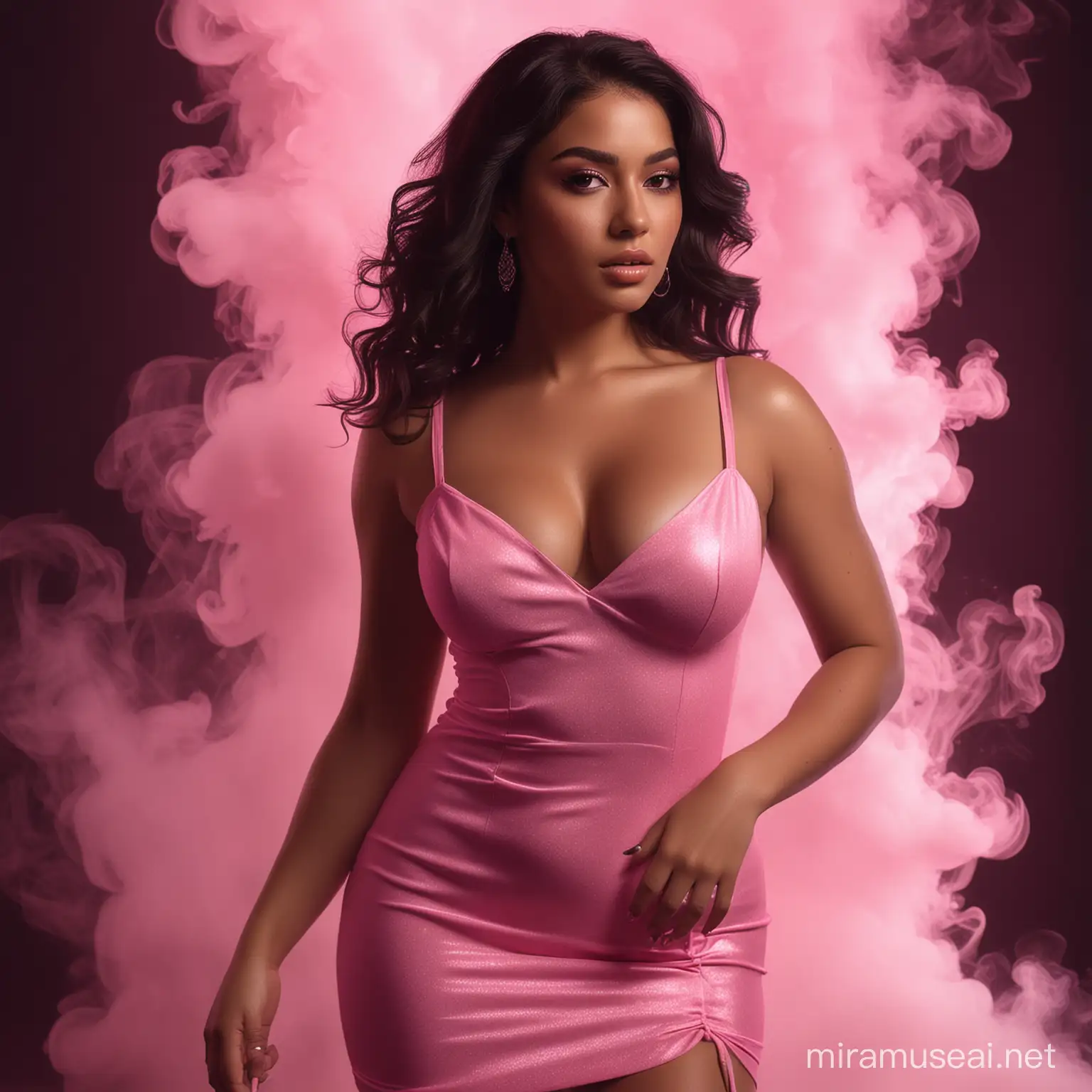 ultra realistic curvy latina model, wearing a small pink dress, in thick smoke with cinematic neon lighting