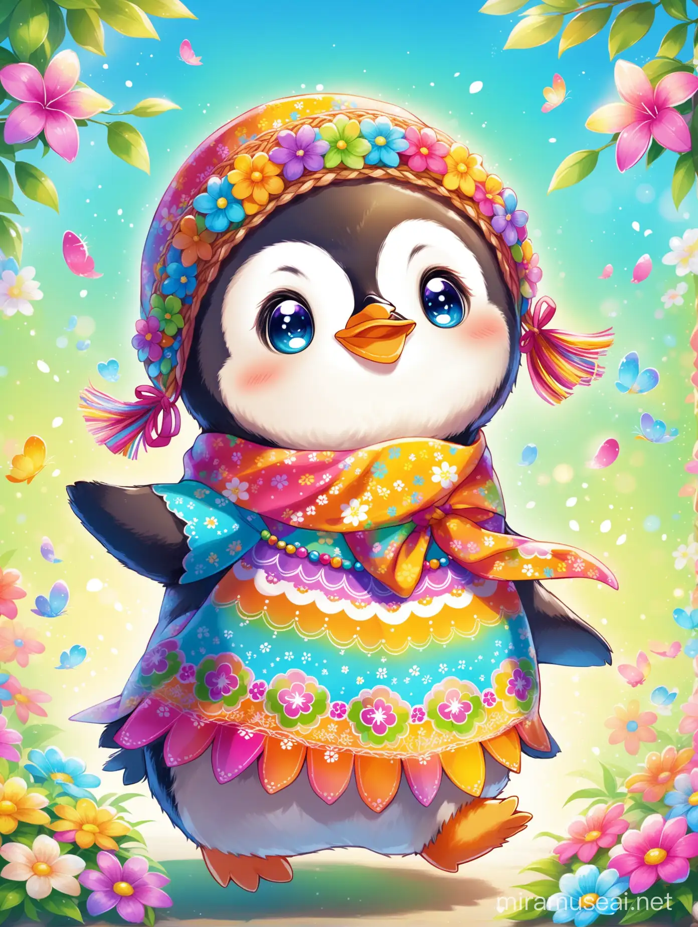 Happy Baby Penguin Dancing in Colorful Hippie Attire Against Spring Background