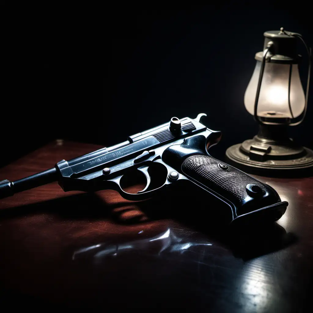 World War 2 Black Walther P38 Pistol on Desk in Dimly Lit Study at Night