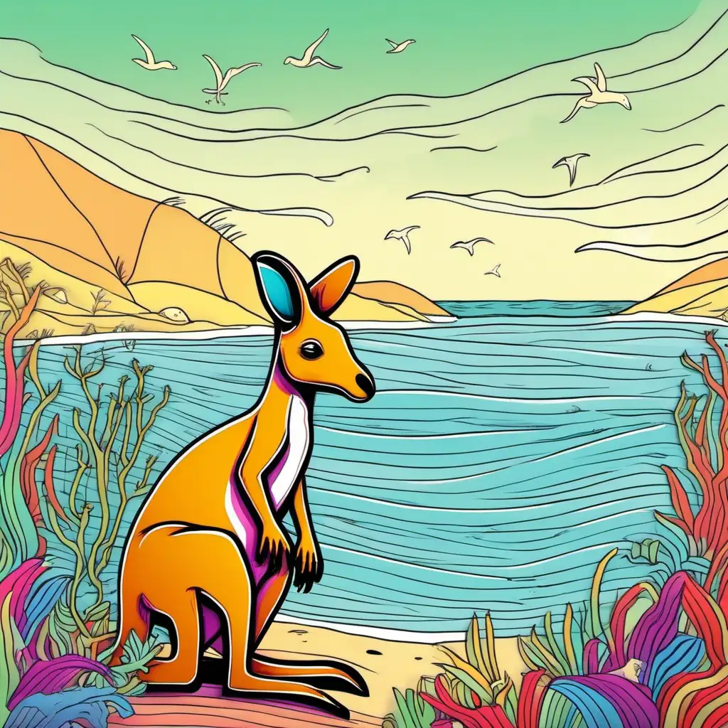 /imagine kids illustration, Kangaroo BY THE SEA, multi colours,  Thick Lines, low details, vivid colour --ar 9:11