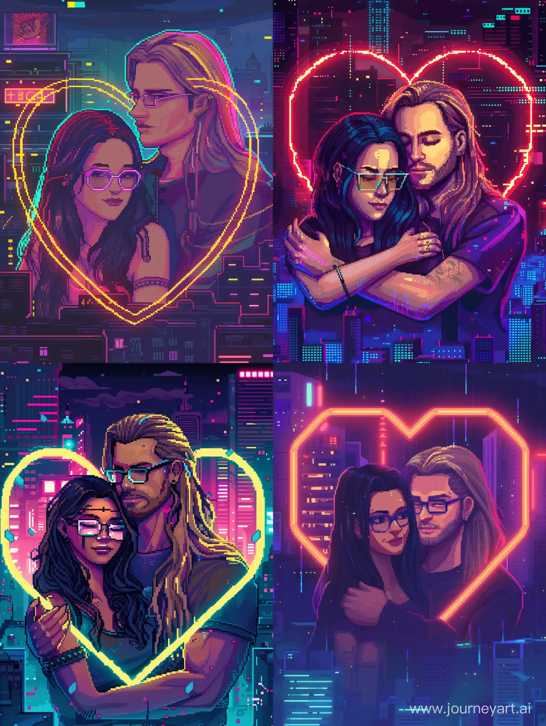 Draw in cyberpunk pixel art style. (Short white girl with long dark hair in glasses with small eyebrow piercing) hugging with (tall white man with long blond hairs).  Put the pair inside a heartshape with neon, night city in background. --v 6 --ar 3:4 --no 3240