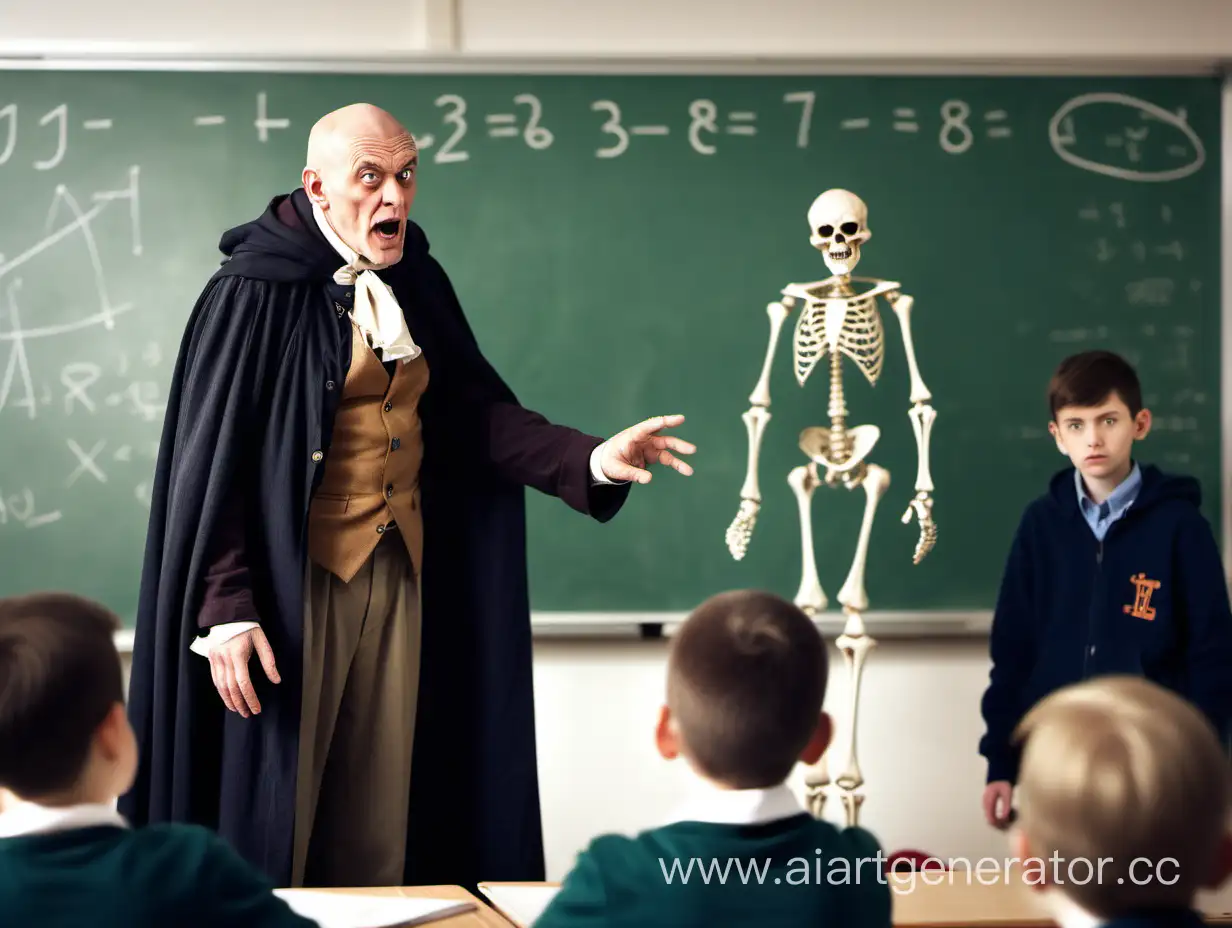кабинет школы, злой старый дед с залысинами по бокам головы одетый в пиджак и брюки рассказывает про математику классу учеников, сзади деда левитирует скелет одетый в чёрный балахон