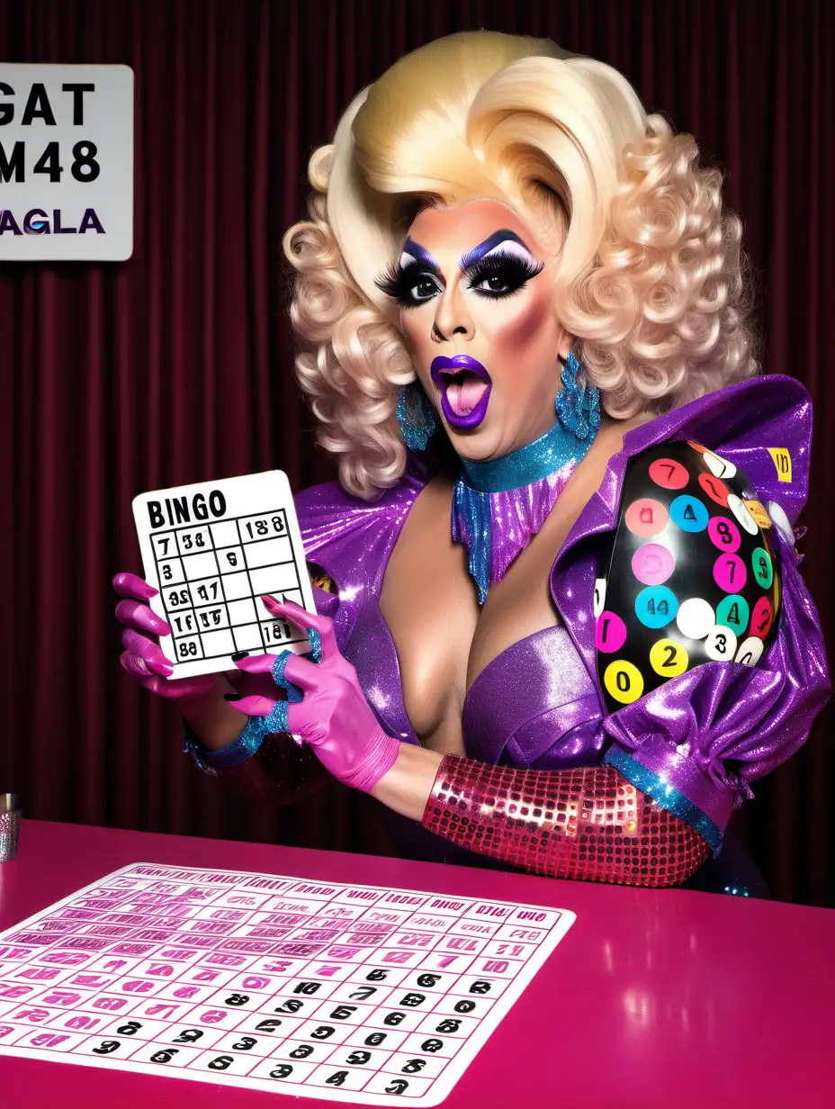 Colorful Drag Queen Playing Bingo with Glamourous Flair