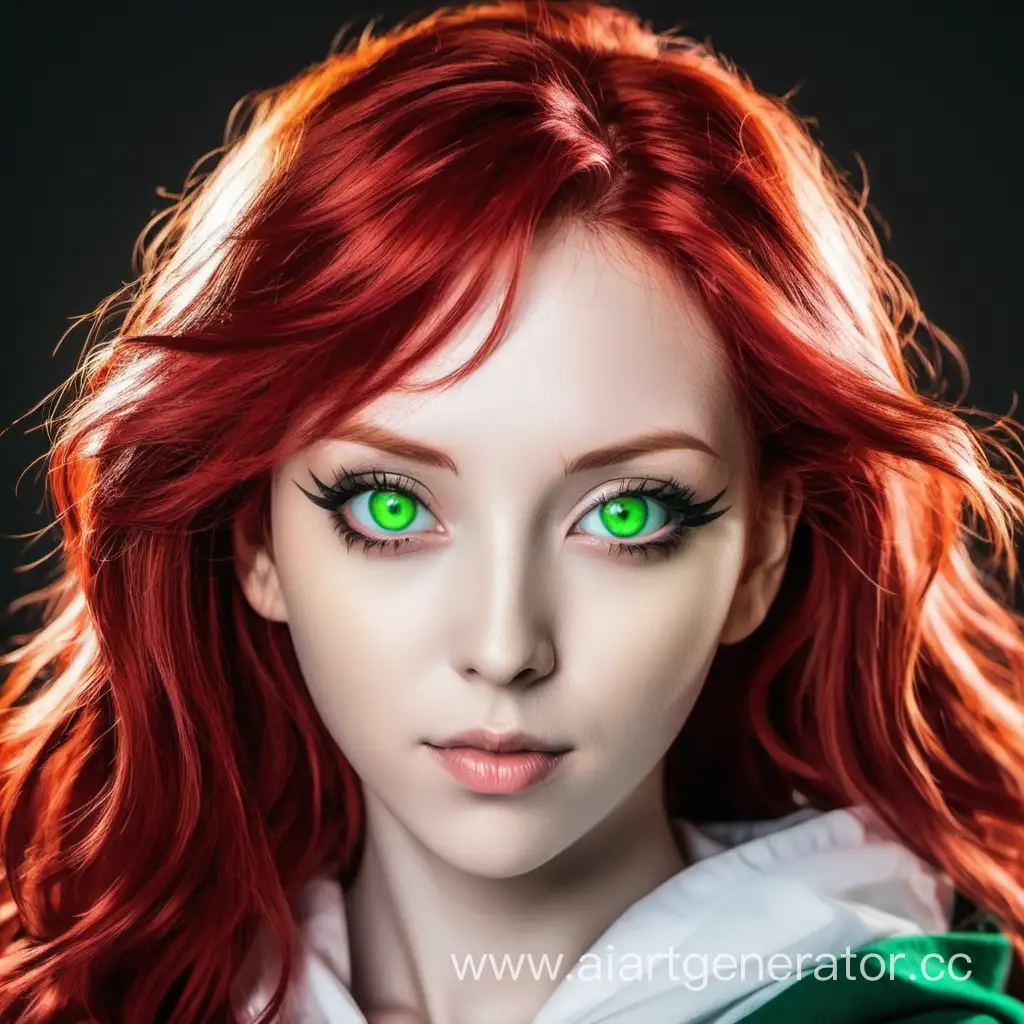 Portrait of a woman in anime style with red hair and green eyes