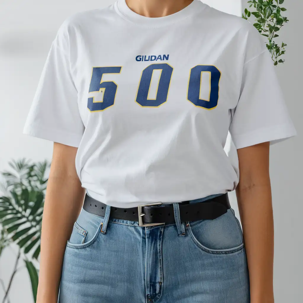 woman wearing gildan 5000 white t-shirt mockup, with jeans and black belt, simple room background