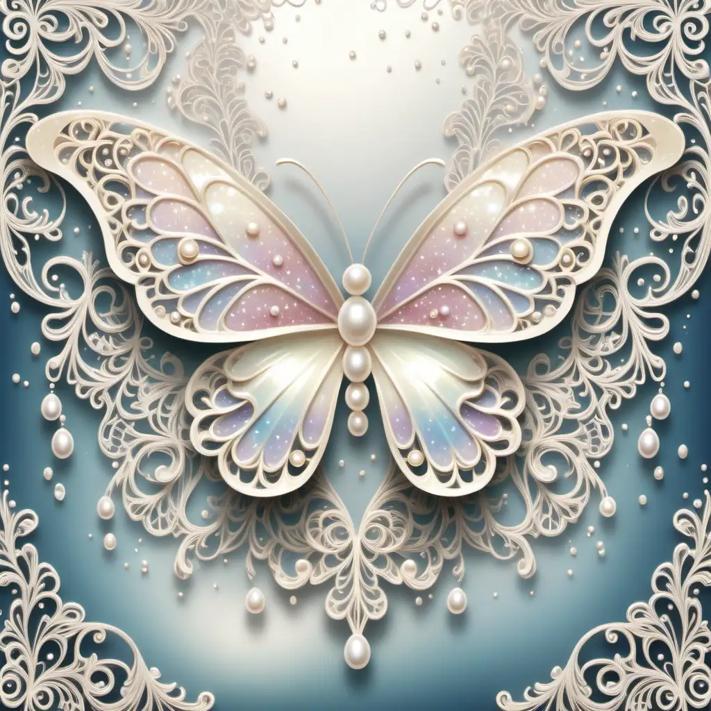mother of pearl glitter background, filigree, lace, pearls, glittersplash, shimmering, glitter dust, drop shadows, delicate fancy butterfly