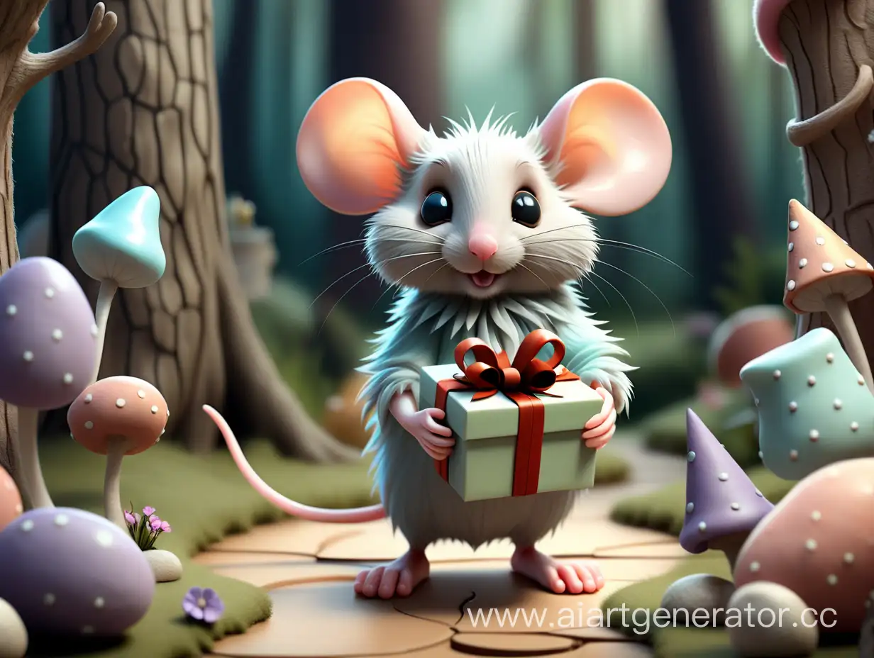 Открытка на День Рождения. Красивый фон, сказочный лес, пушистая мышка держит в лапах подарок.