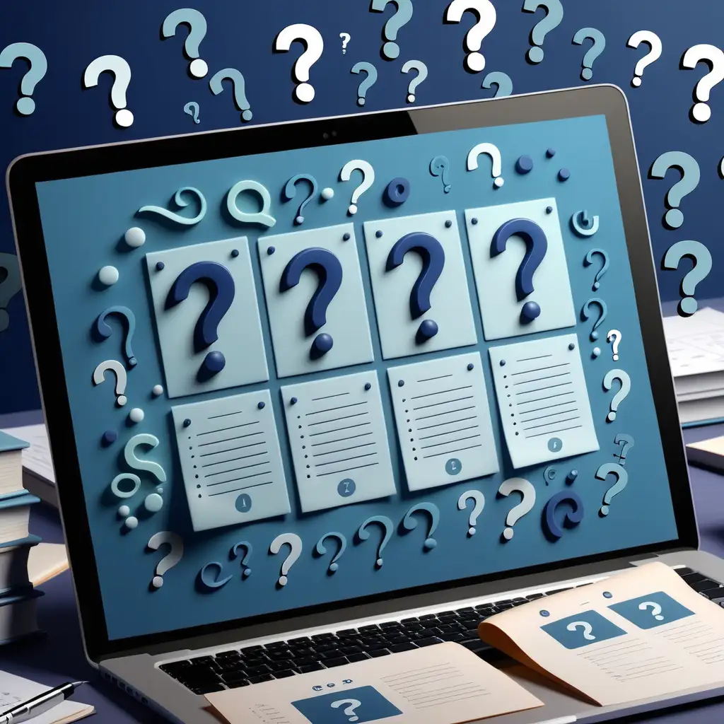 make picture of an online quiz curing a course using blueish colors and question marks