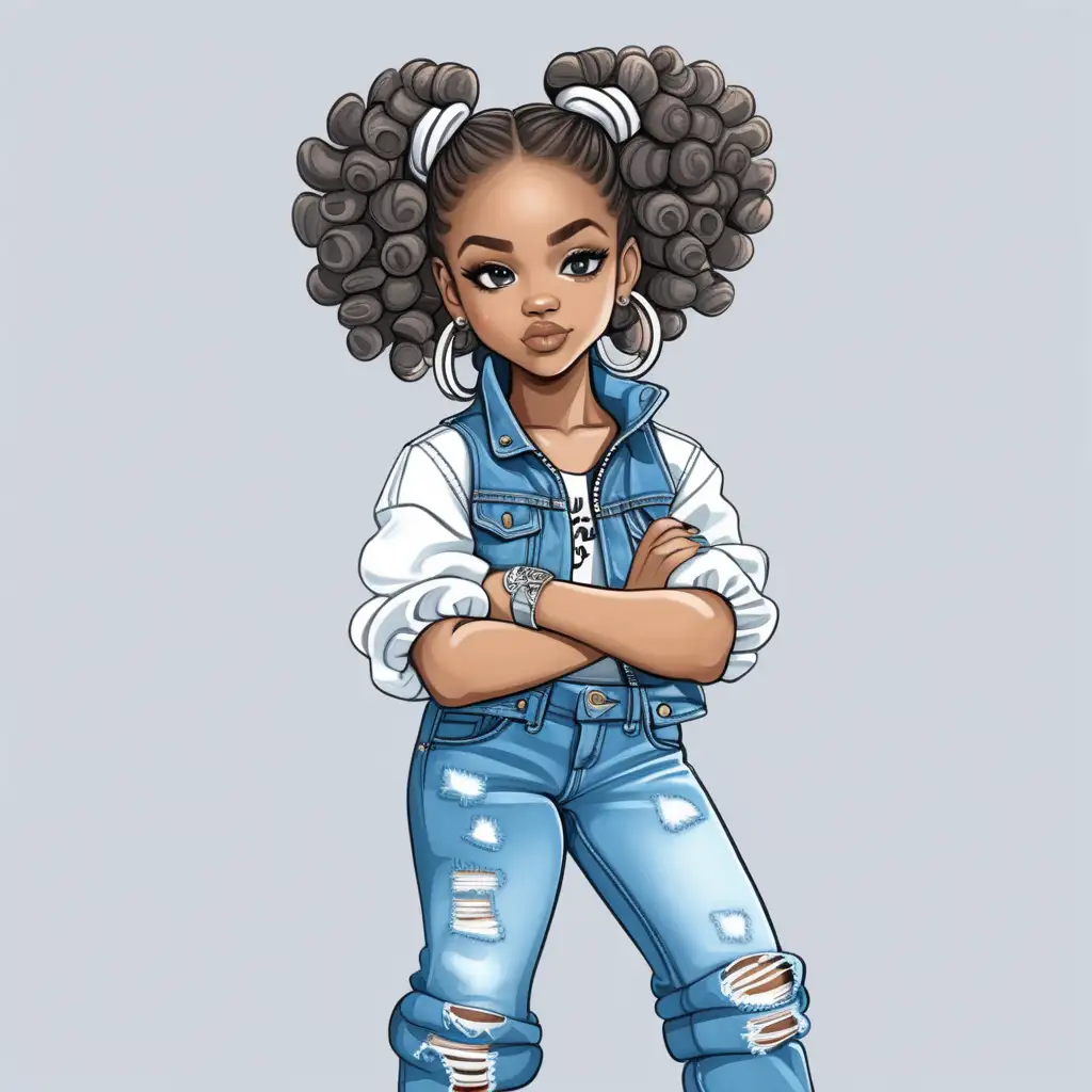 An illustration of a cute African American girl with a bantu knots hair style wearing a blue and white denim outfit