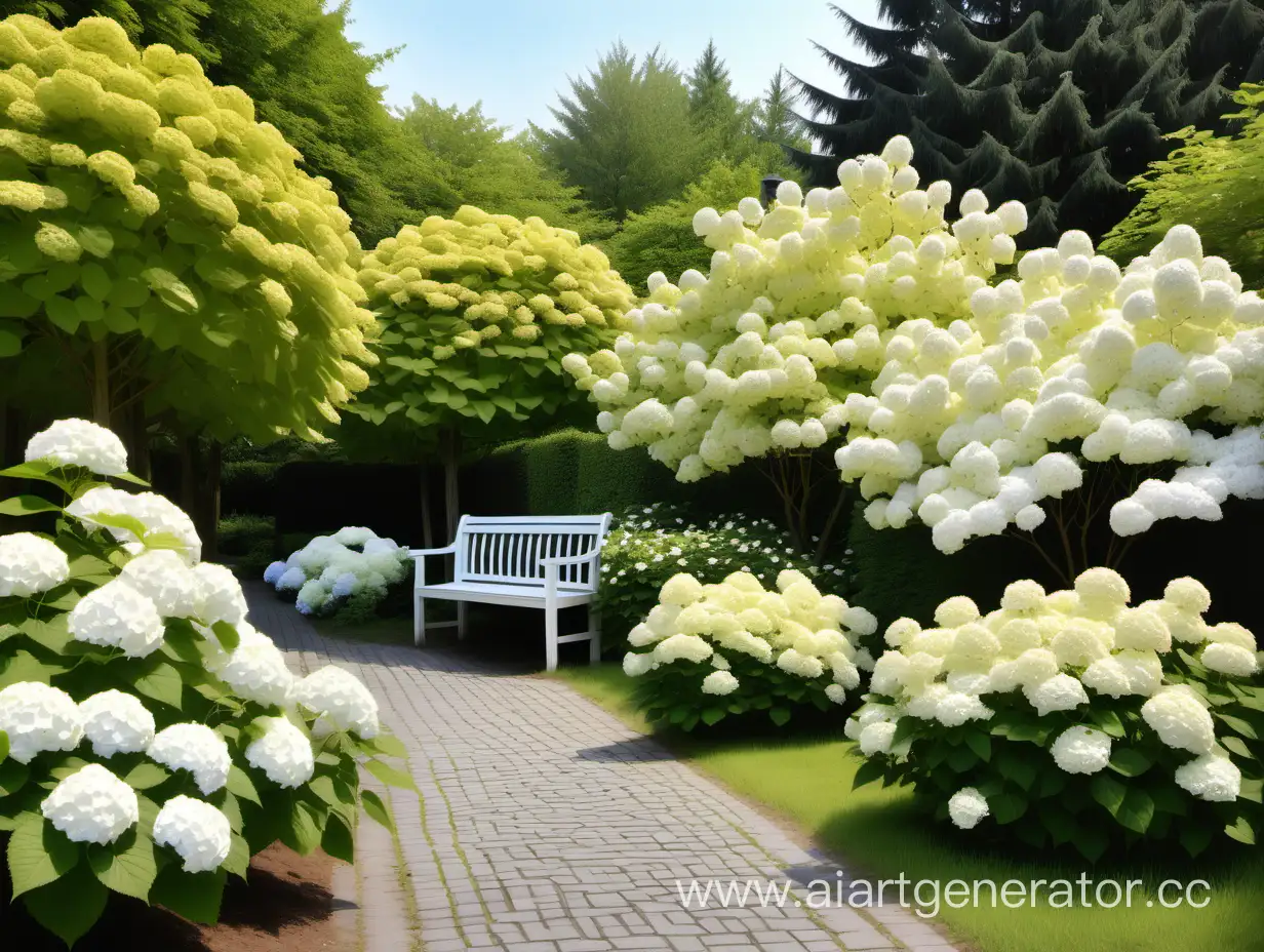 Summer-Landscape-with-White-Bench-and-Hydrangea-Bushes