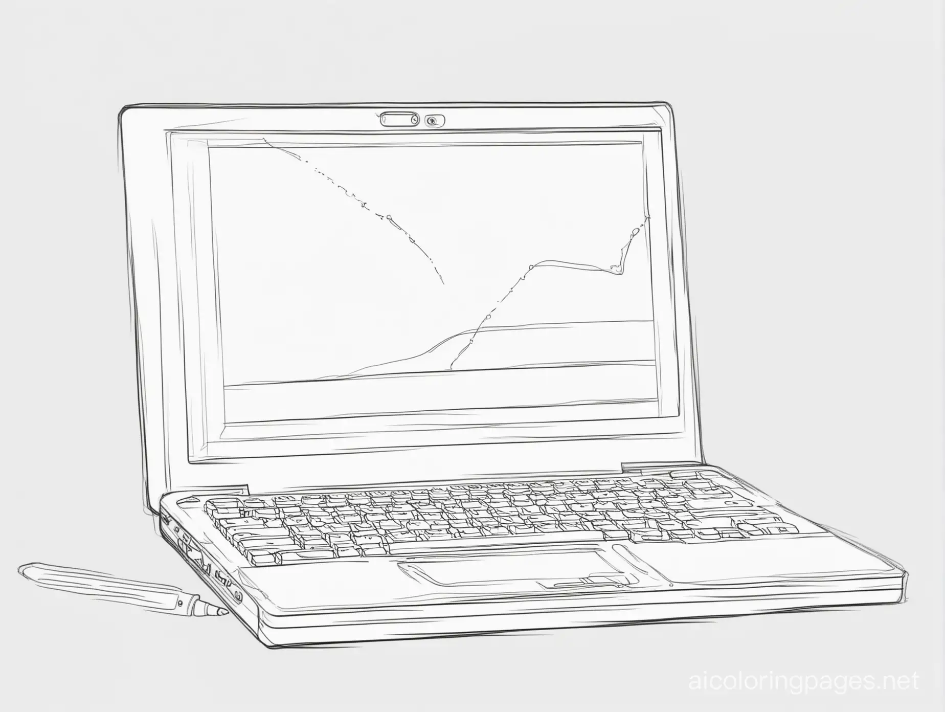 computer notebook, Coloring Page, black and white, line art, white background, Simplicity, Ample White Space. The background of the coloring page is plain white to make it easy for young children to color within the lines. The outlines of all the subjects are easy to distinguish, making it simple for kids to color without too much difficulty