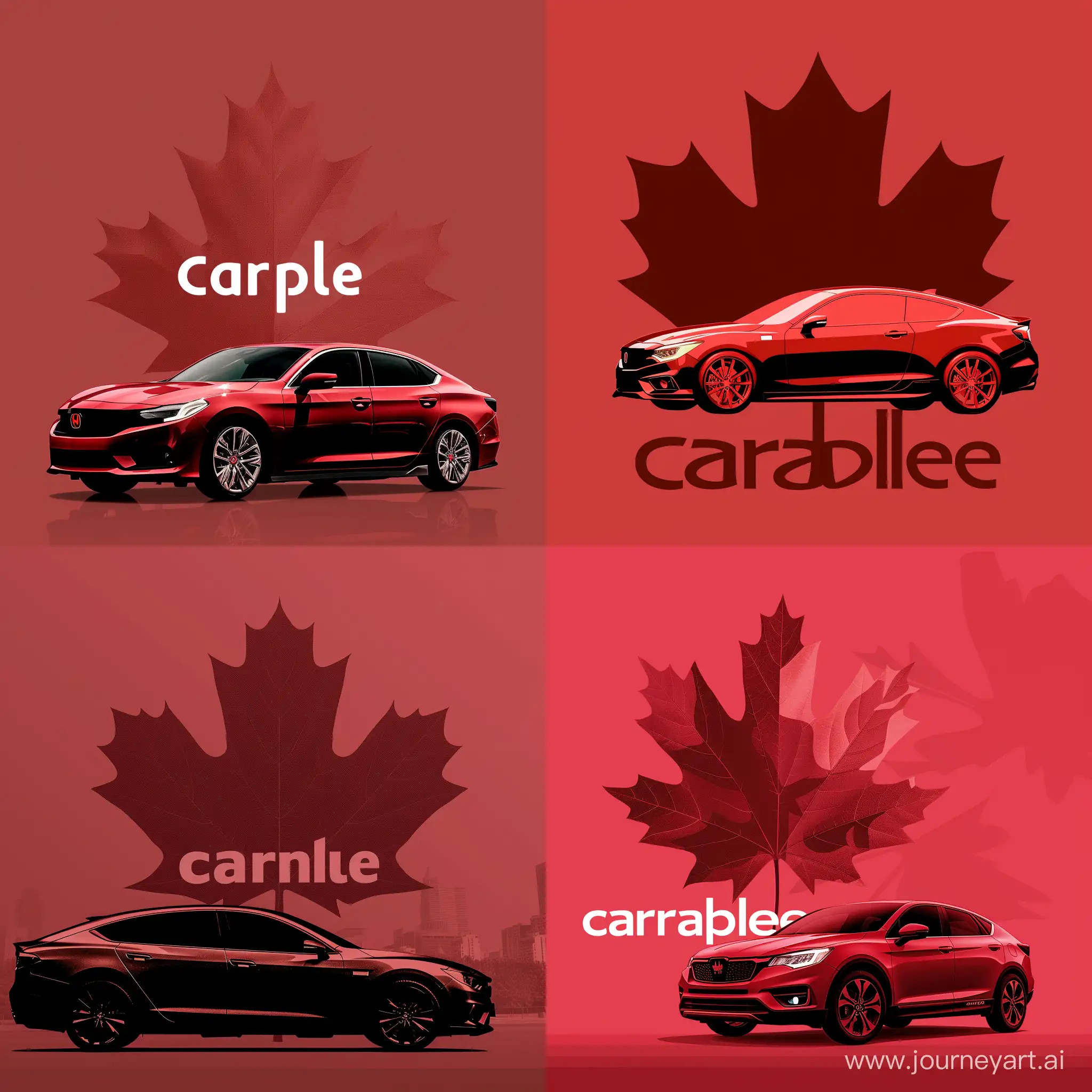 Логотип компании CarMaple, автомобиль, большой кленовый лист на фоне, в красных тонах, реалистично, эпично, минимализм