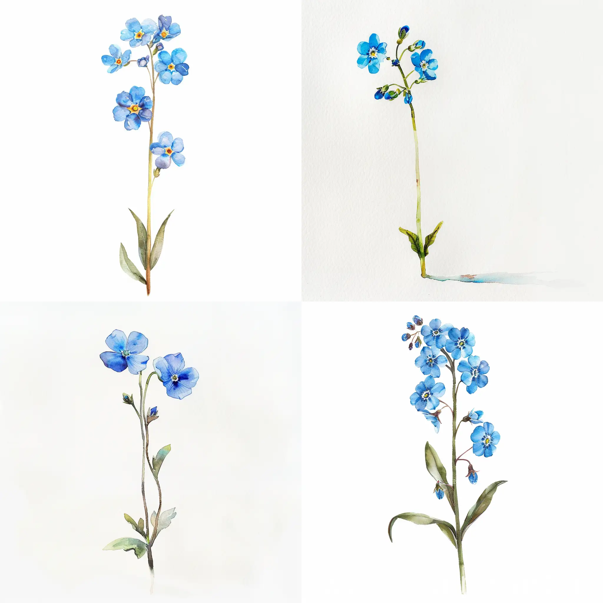 watercolor standing tall wildflower, forget me not, on white background, soft handpainted, detailed, pretty