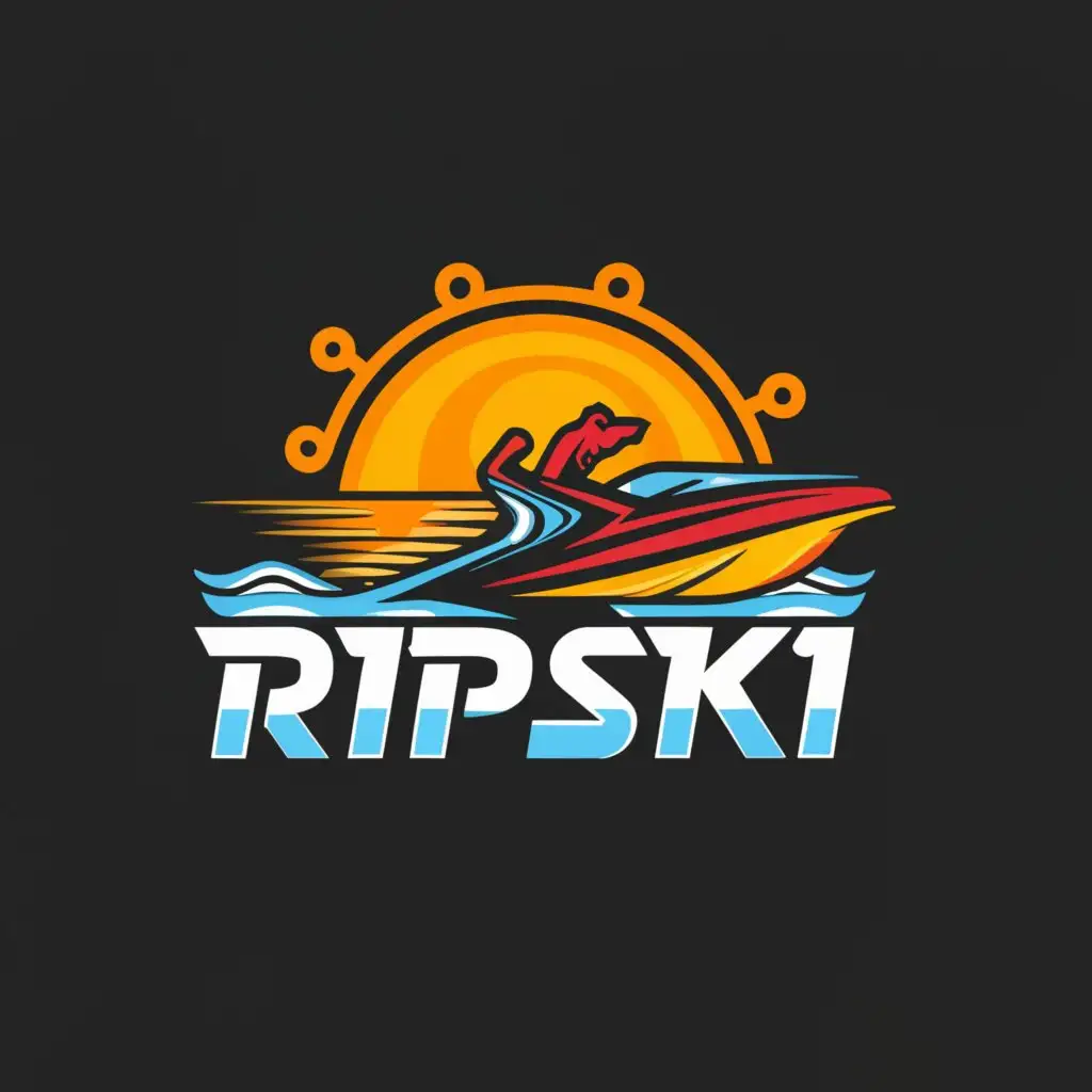a logo design,with the text "Ripski", main symbol:Jet ski, water, sun,Moderate,clear background