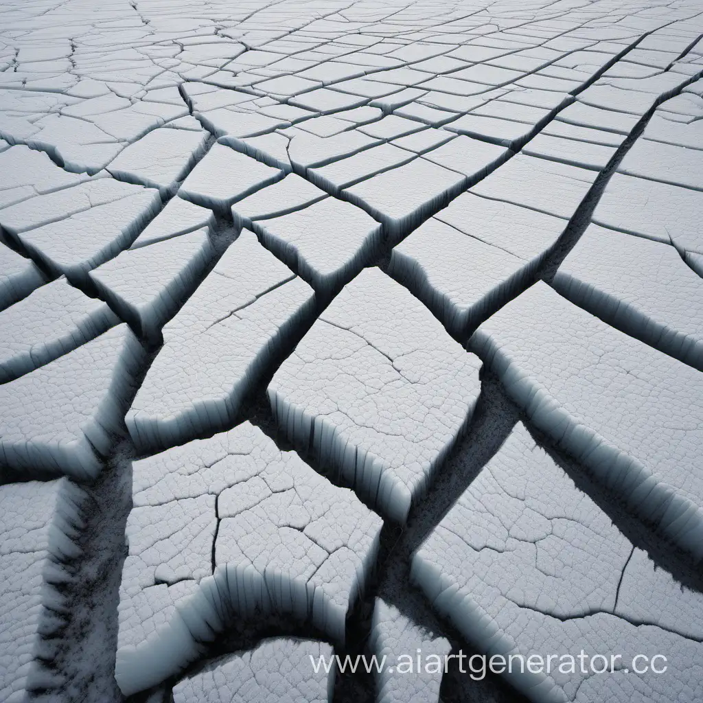 White snow, gray ice, on the cracked earth